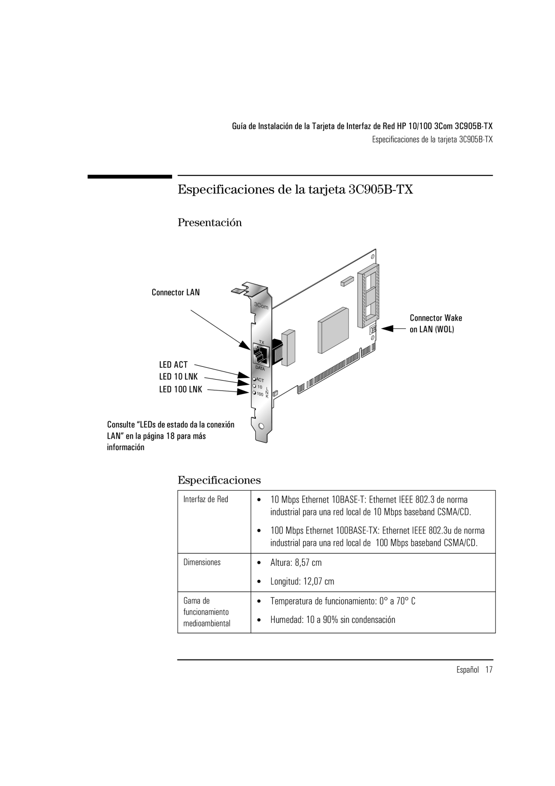 HP manual Especificaciones de la tarjeta 3C905B-TX, Presentación 