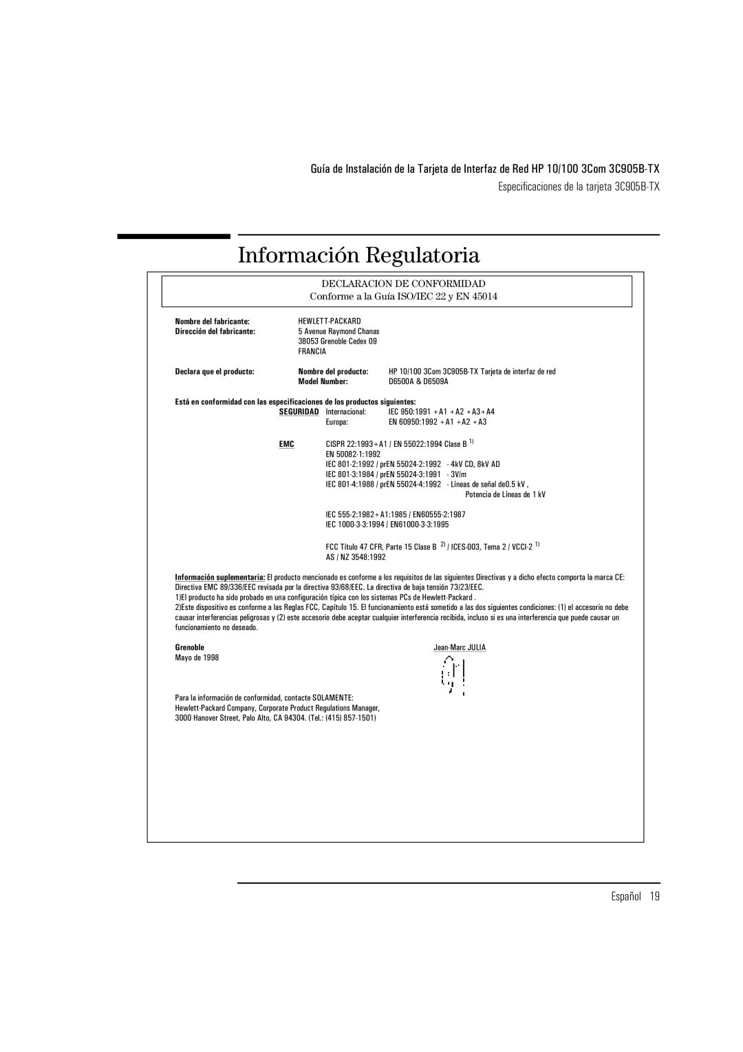 HP 3C905B-TX manual Información Regulatoria 