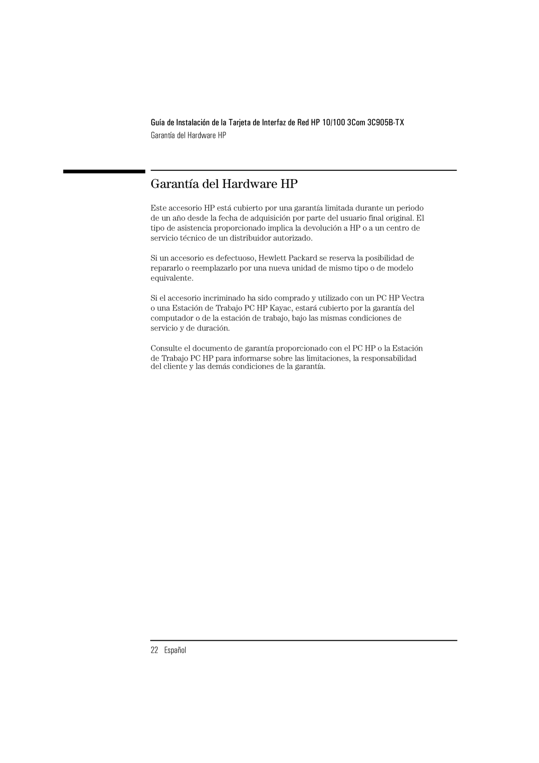HP 3C905B-TX manual Garantía del Hardware HP 