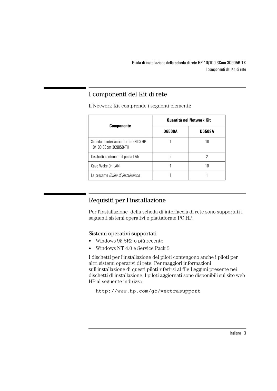 HP 3C905B-TX manual Componenti del Kit di rete, Requisiti per linstallazione, Sistemi operativi supportati 