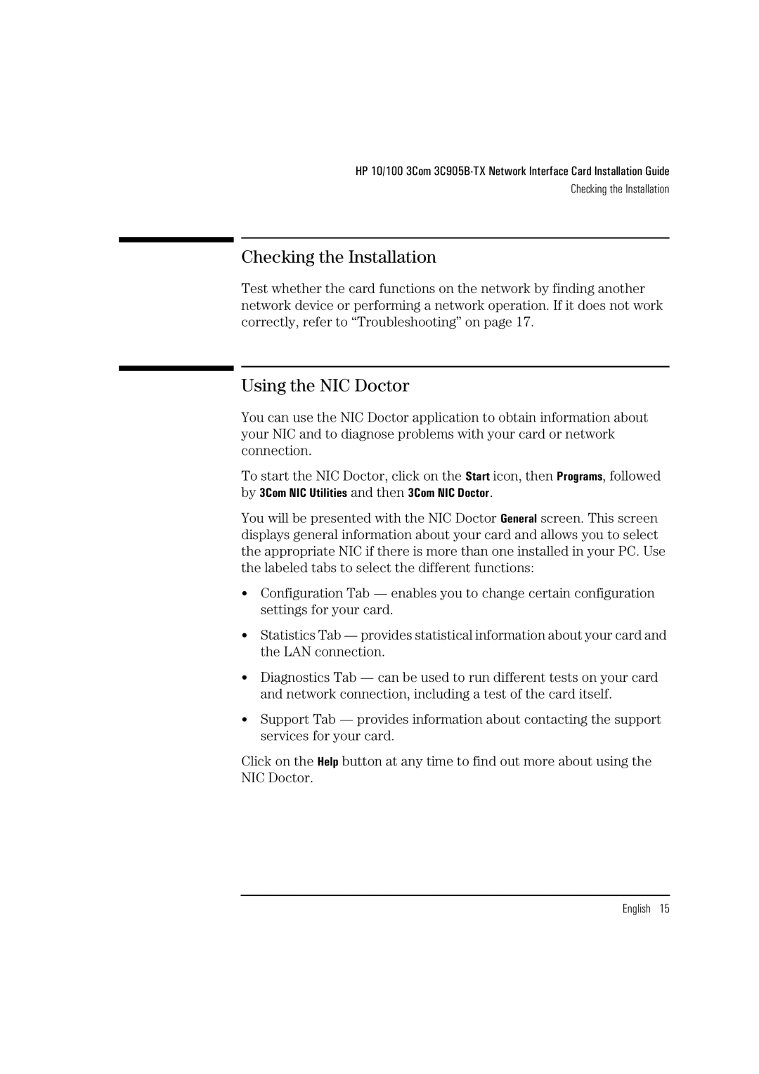 HP 3Com 3C905B D7504A D7504A, 3Com 3C905B D7505A D7505A manual Checking the Installation, Using the NIC Doctor 