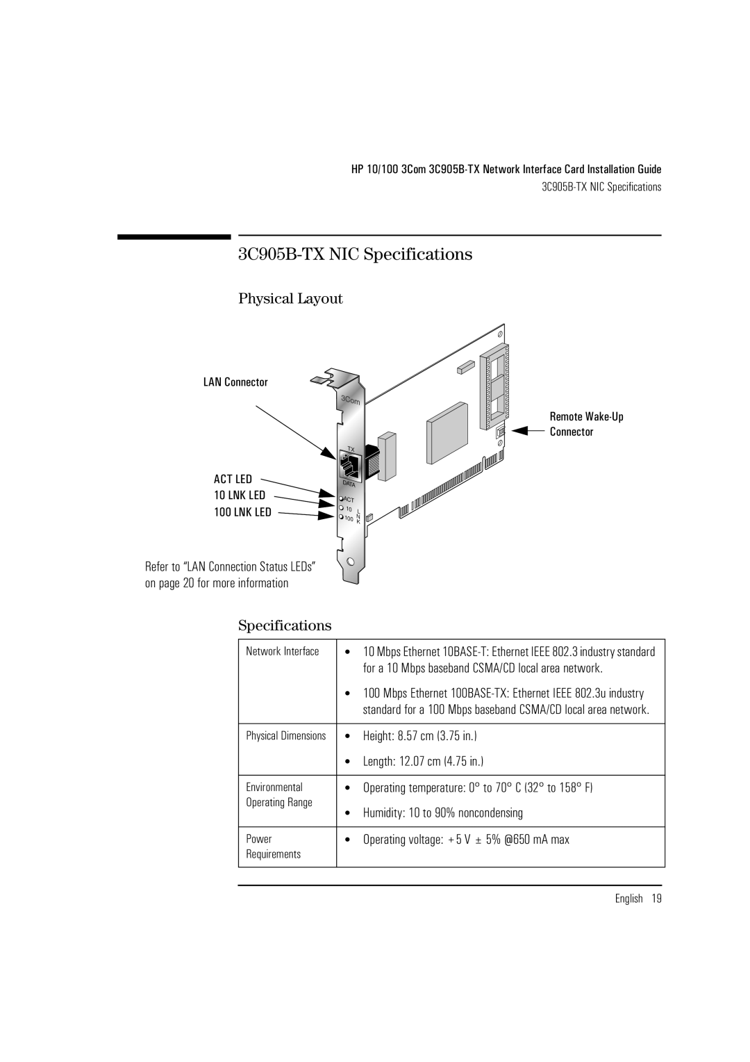 HP 3Com 3C905B D7504A D7504A, 3Com 3C905B D7505A D7505A manual 3C905B-TX NIC Specifications, Physical Layout 