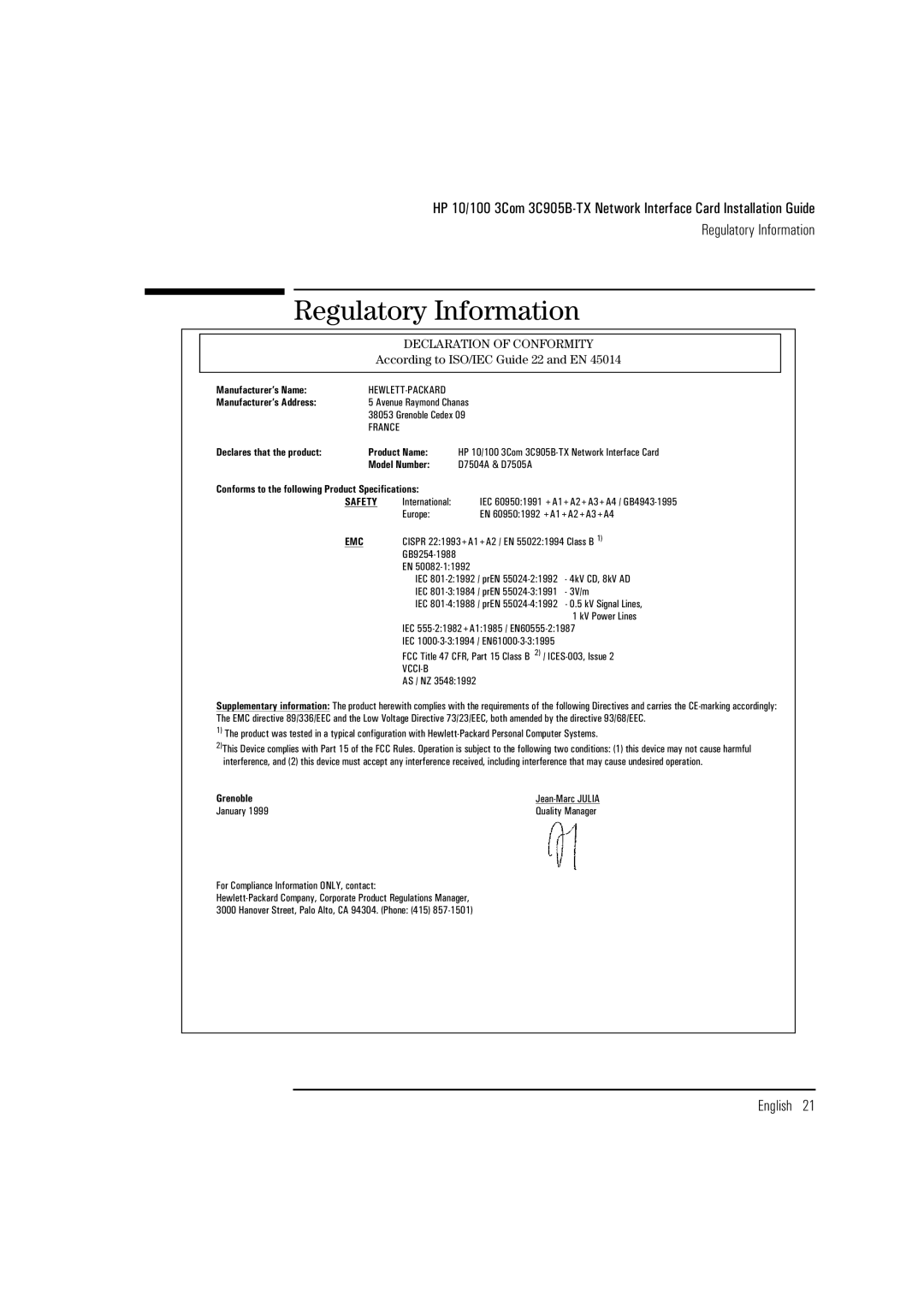 HP 3Com 3C905B D7504A D7504A, 3Com 3C905B D7505A D7505A manual Regulatory Information 