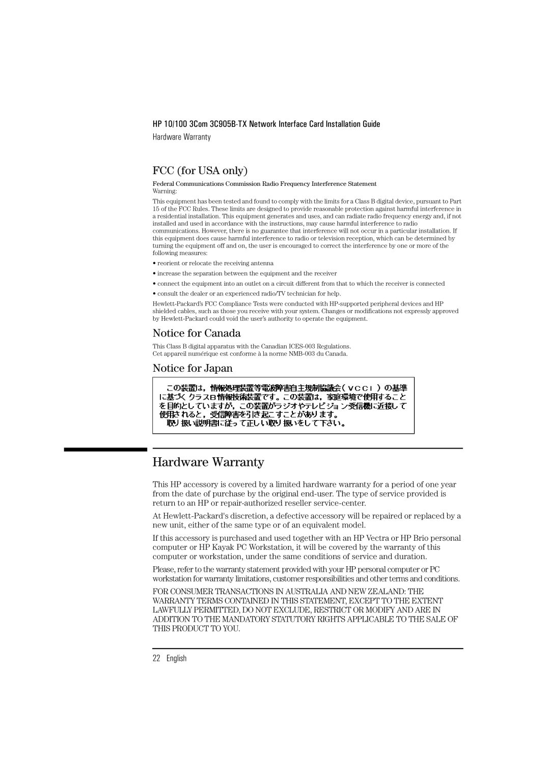 HP 3Com 3C905B D7505A D7505A, 3Com 3C905B D7504A D7504A manual Hardware Warranty, FCC for USA only 