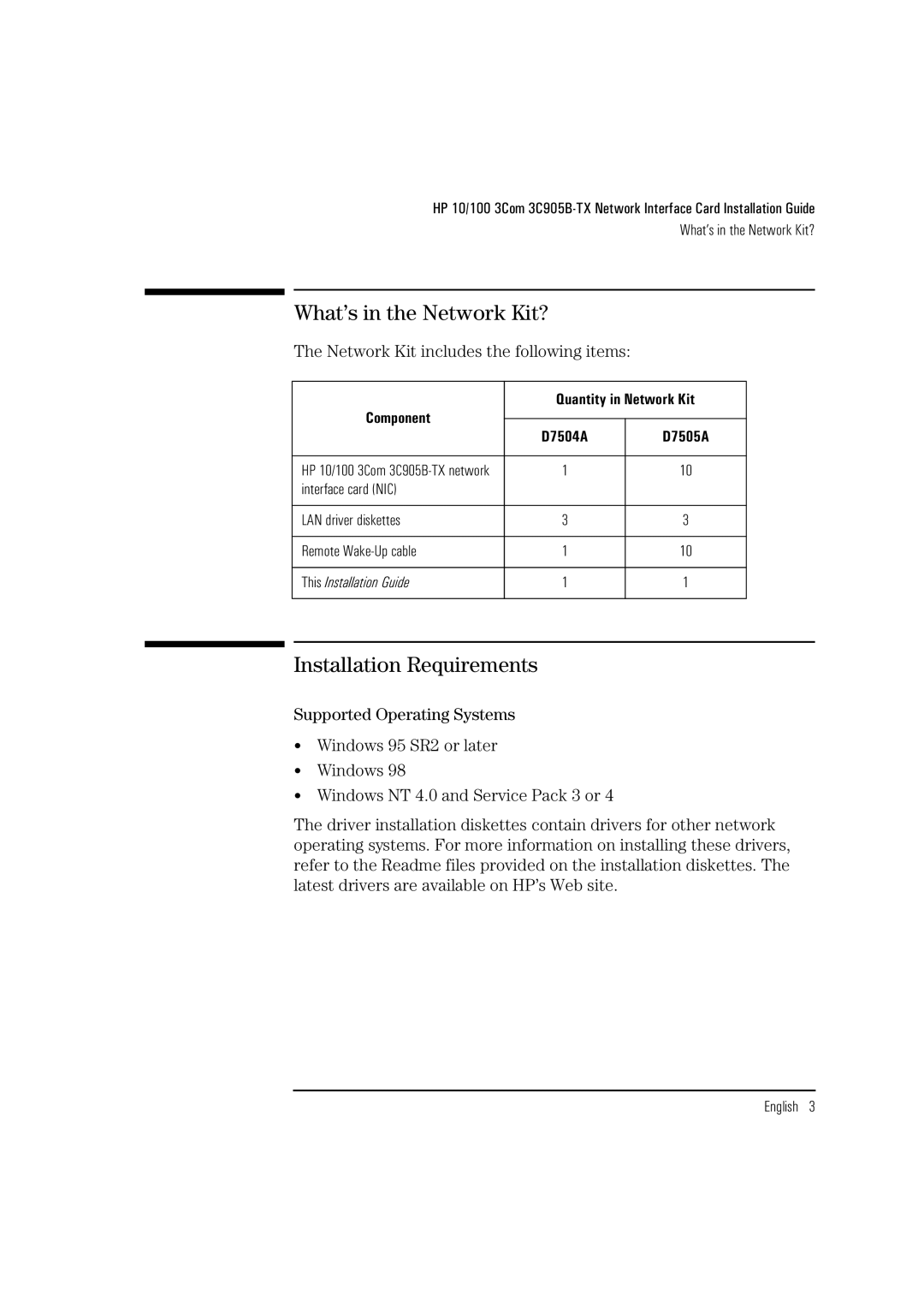 HP 3Com 3C905B D7504A D7504A, 3Com 3C905B D7505A D7505A manual What’s in the Network Kit?, Installation Requirements 