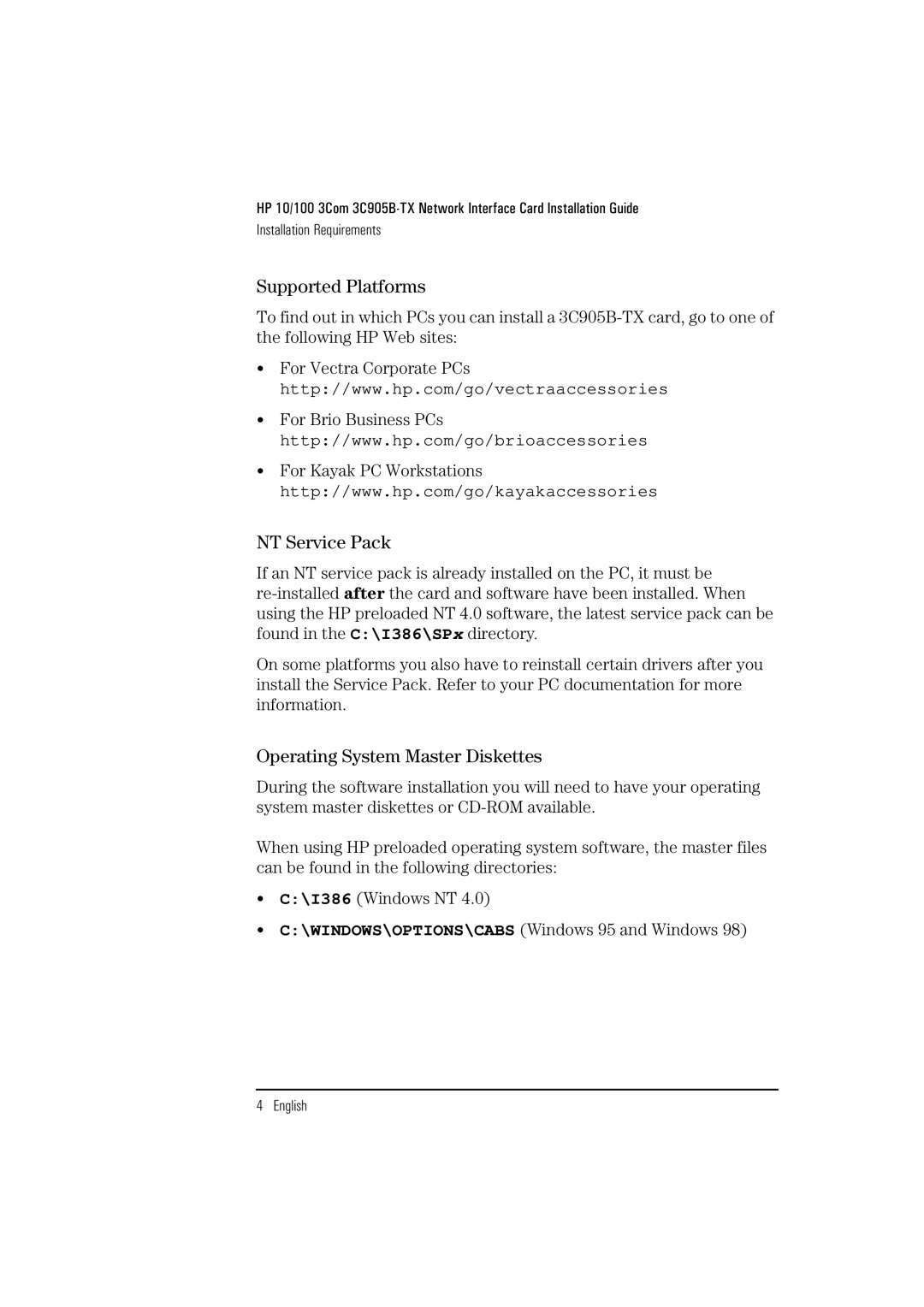 HP 3Com 3C905B D7505A D7505A manual Supported Platforms, NT Service Pack, Operating System Master Diskettes 