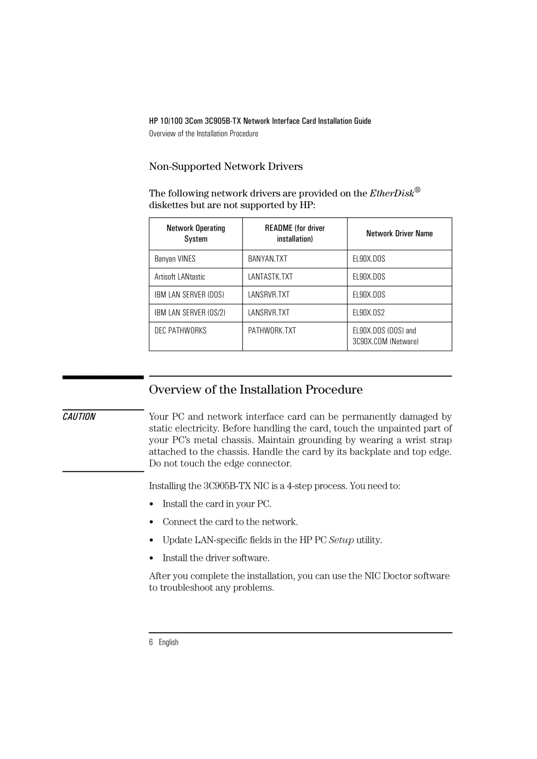 HP 3Com 3C905B D7505A D7505A manual Overview of the Installation Procedure, Non-Supported Network Drivers 