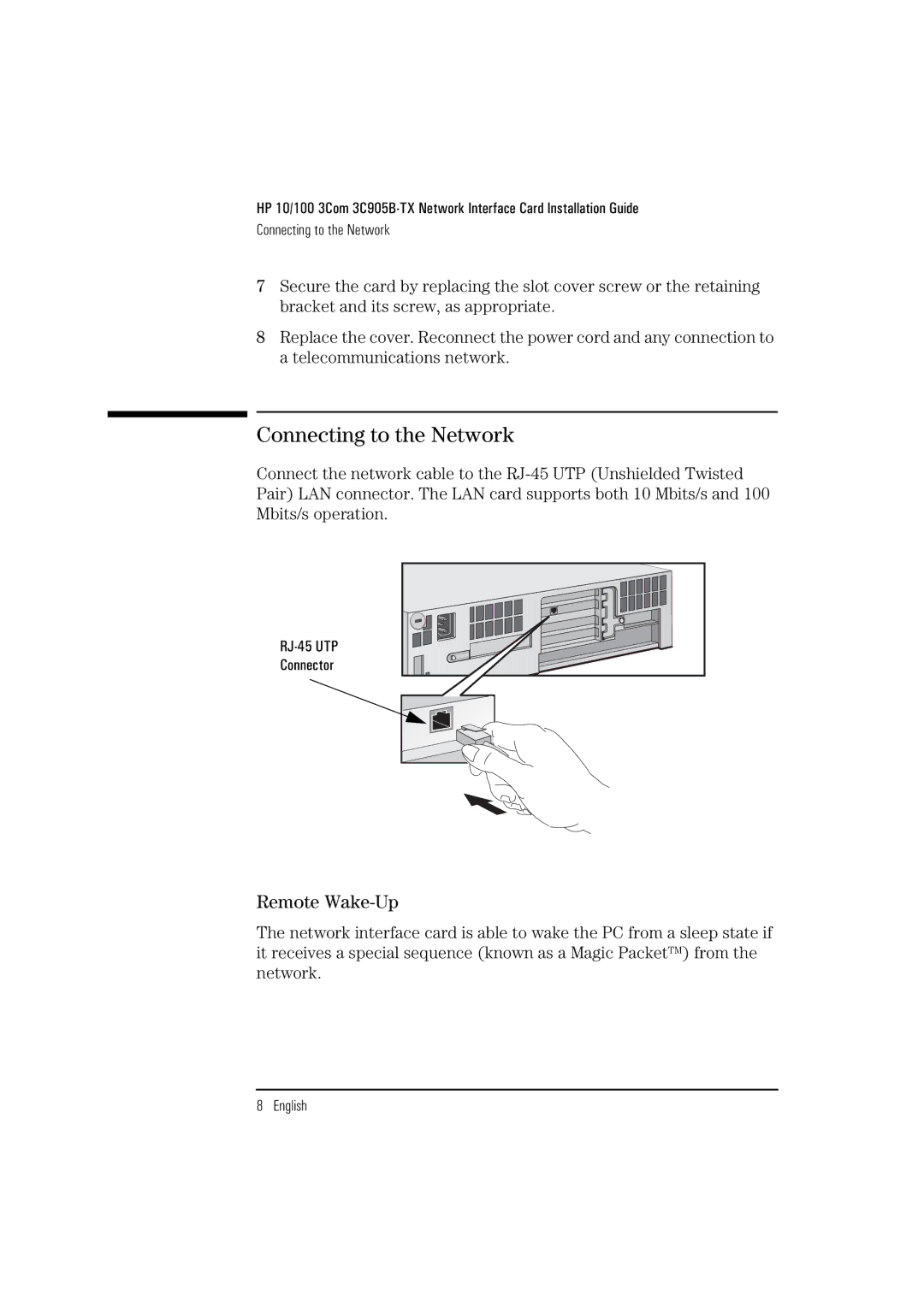 HP 3Com 3C905B D7505A D7505A, 3Com 3C905B D7504A D7504A manual Connecting to the Network, Remote Wake-Up 