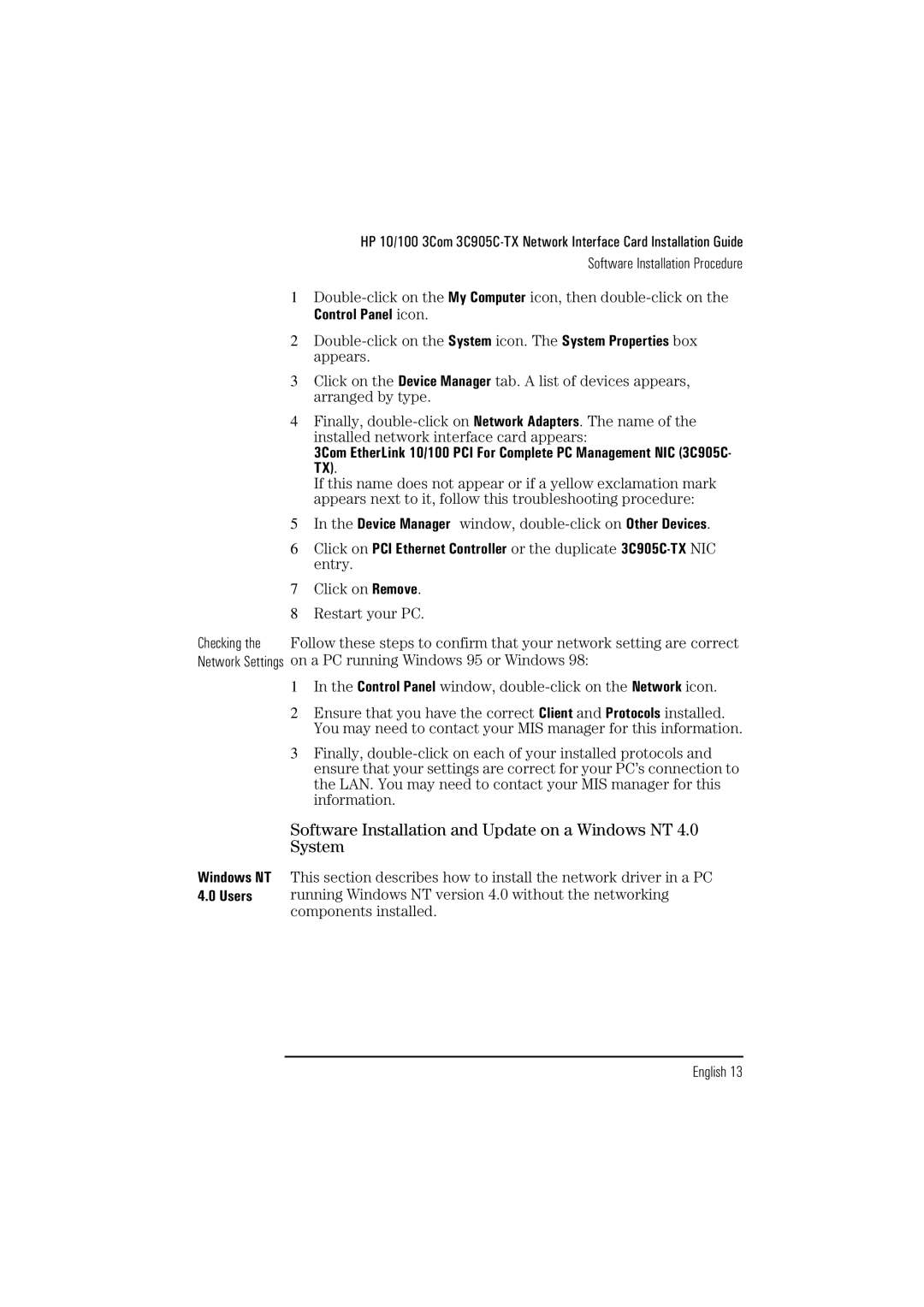 HP 3Com 3C905B D7522A, 3Com 3C905B D7523A Software Installation and Update on a Windows NT 4.0 System, Control Panel icon 