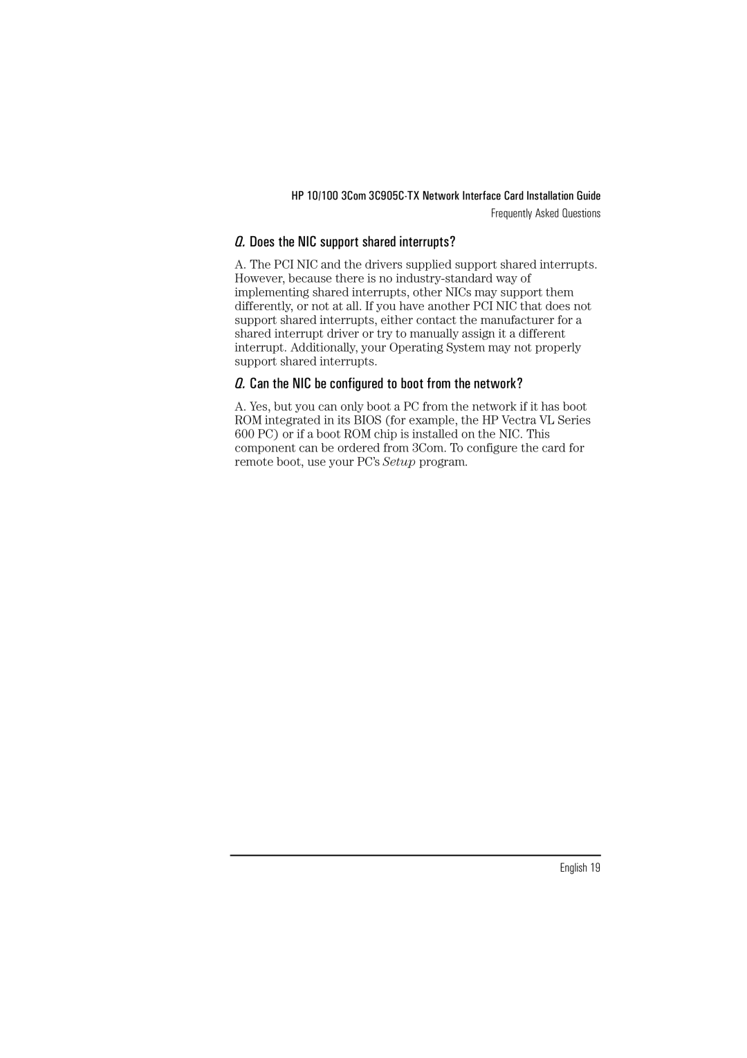 HP 3Com 3C905B D7522A, 3Com 3C905B D7523A manual Does the NIC support shared interrupts? 