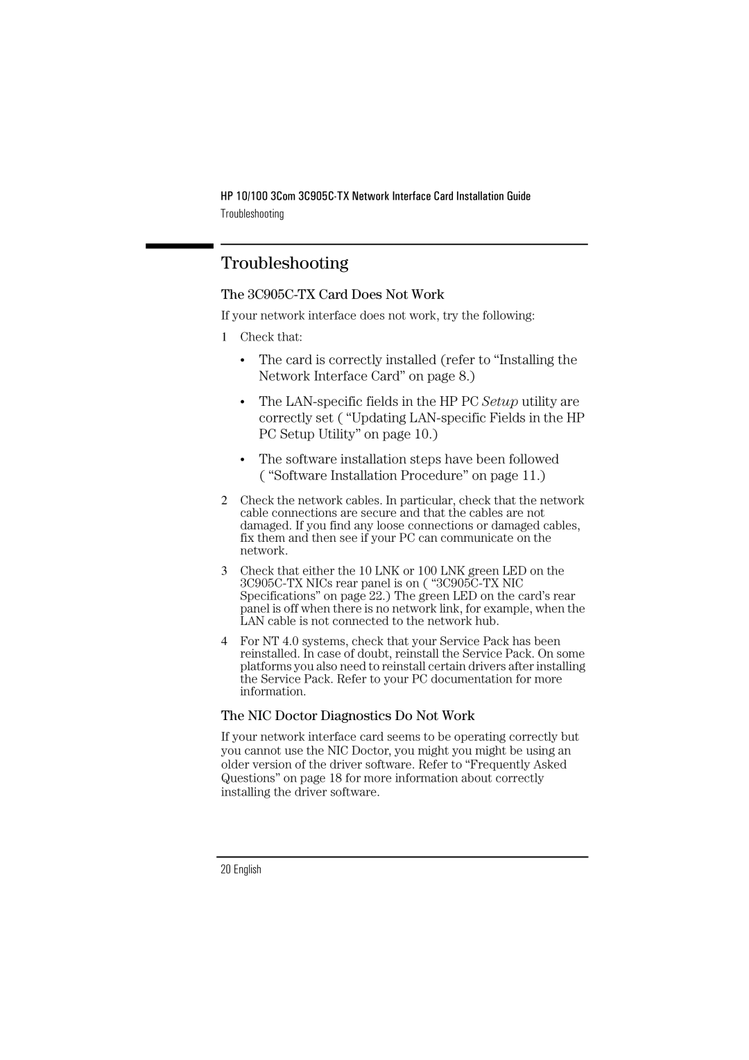 HP 3Com 3C905B D7523A manual Troubleshooting, 3C905C-TX Card Does Not Work, NIC Doctor Diagnostics Do Not Work 