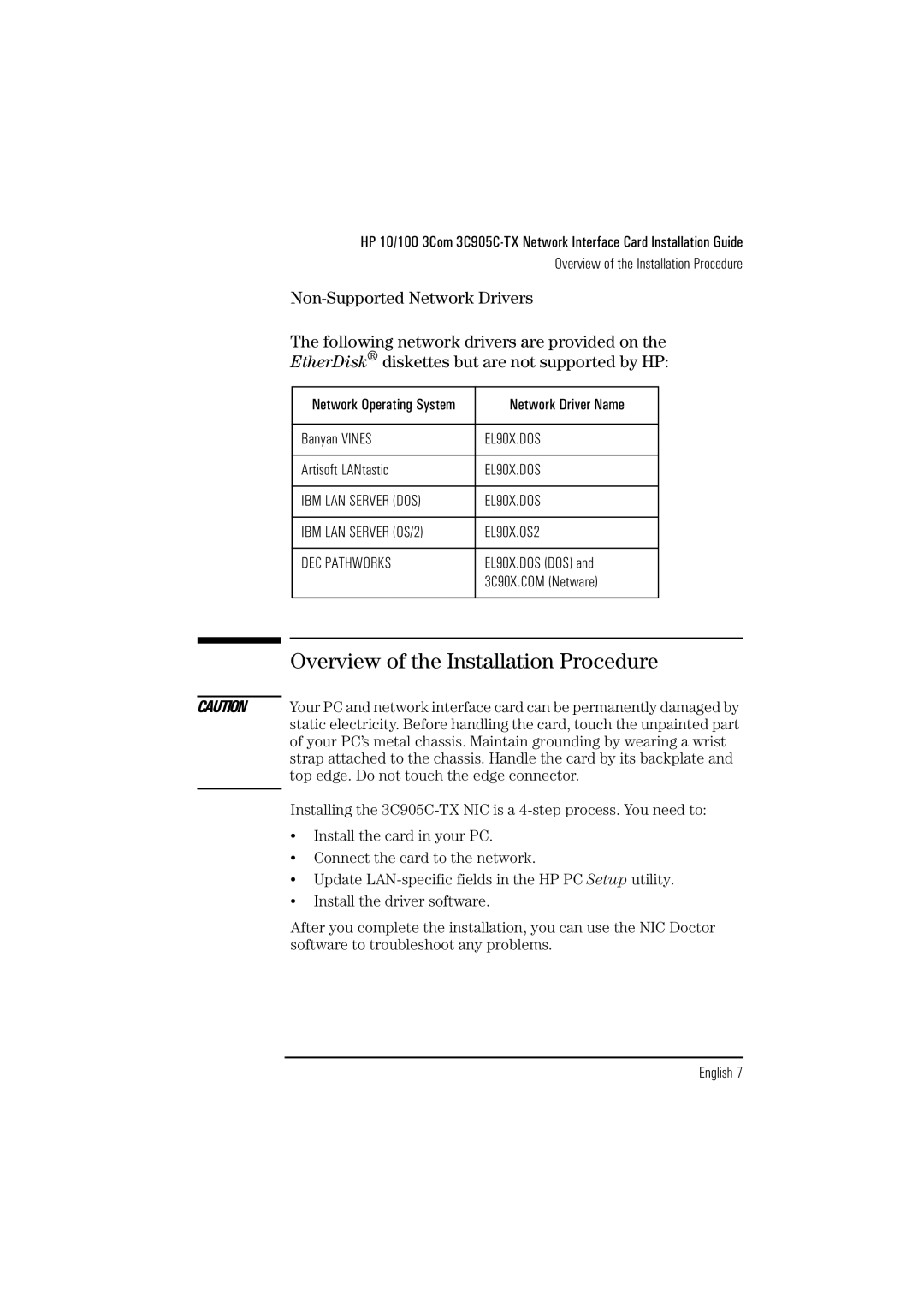 HP 3Com 3C905B D7522A, 3Com 3C905B D7523A manual Overview of the Installation Procedure 