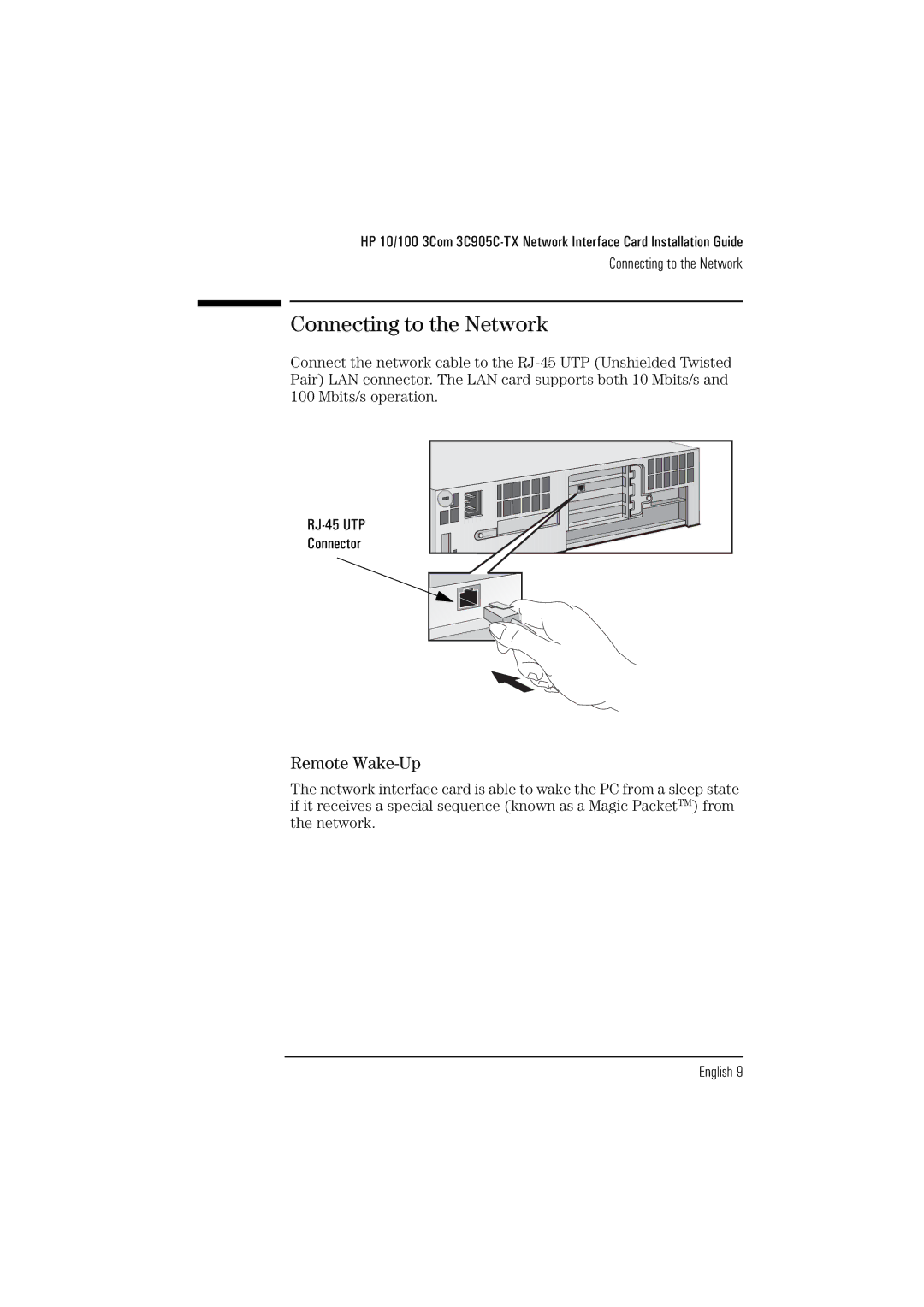 HP 3Com 3C905B D7522A, 3Com 3C905B D7523A manual Connecting to the Network, Remote Wake-Up 