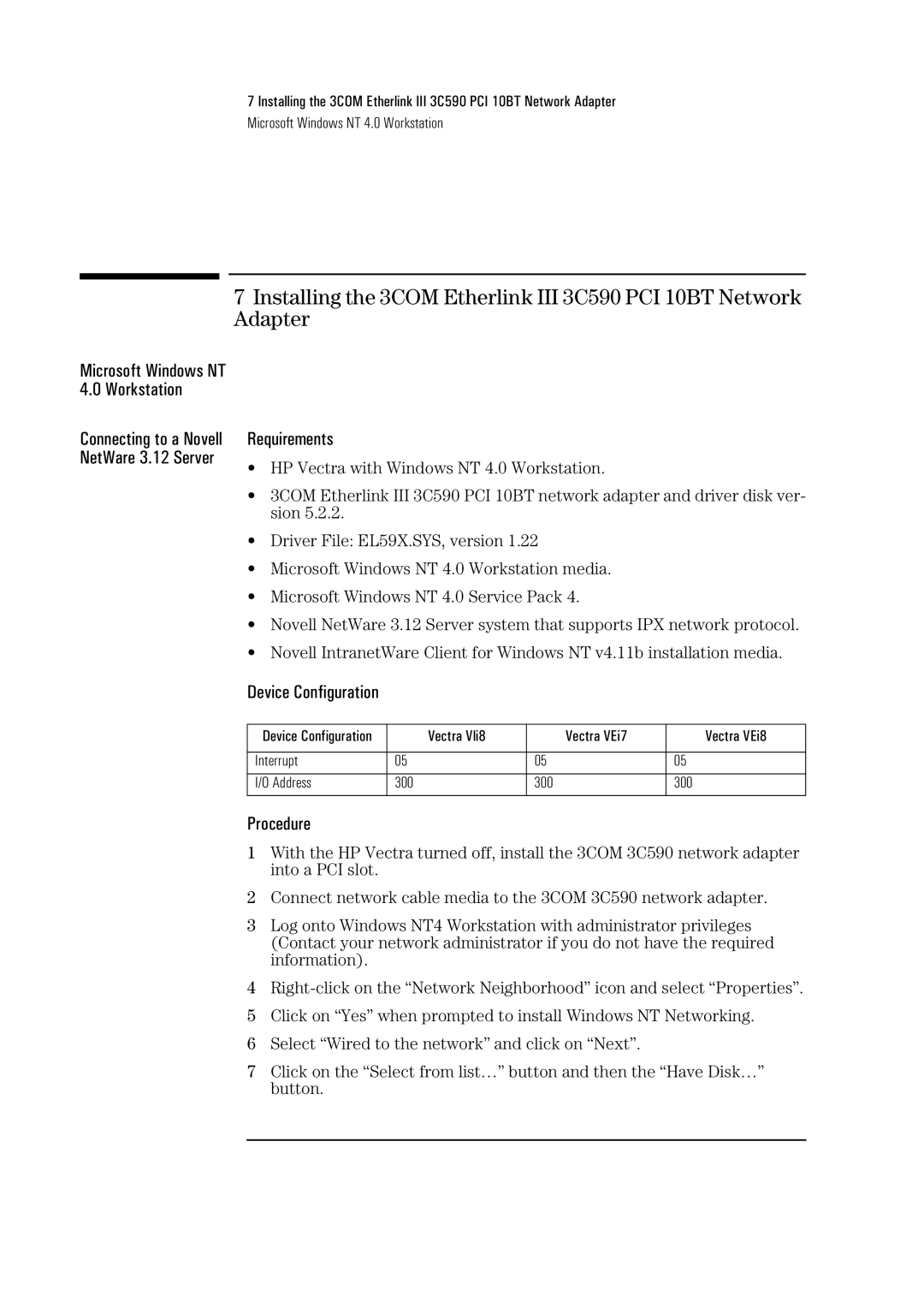 HP 3Com Etherlink III 3C590 manual Connecting to a Novell NetWare 3.12 Server 