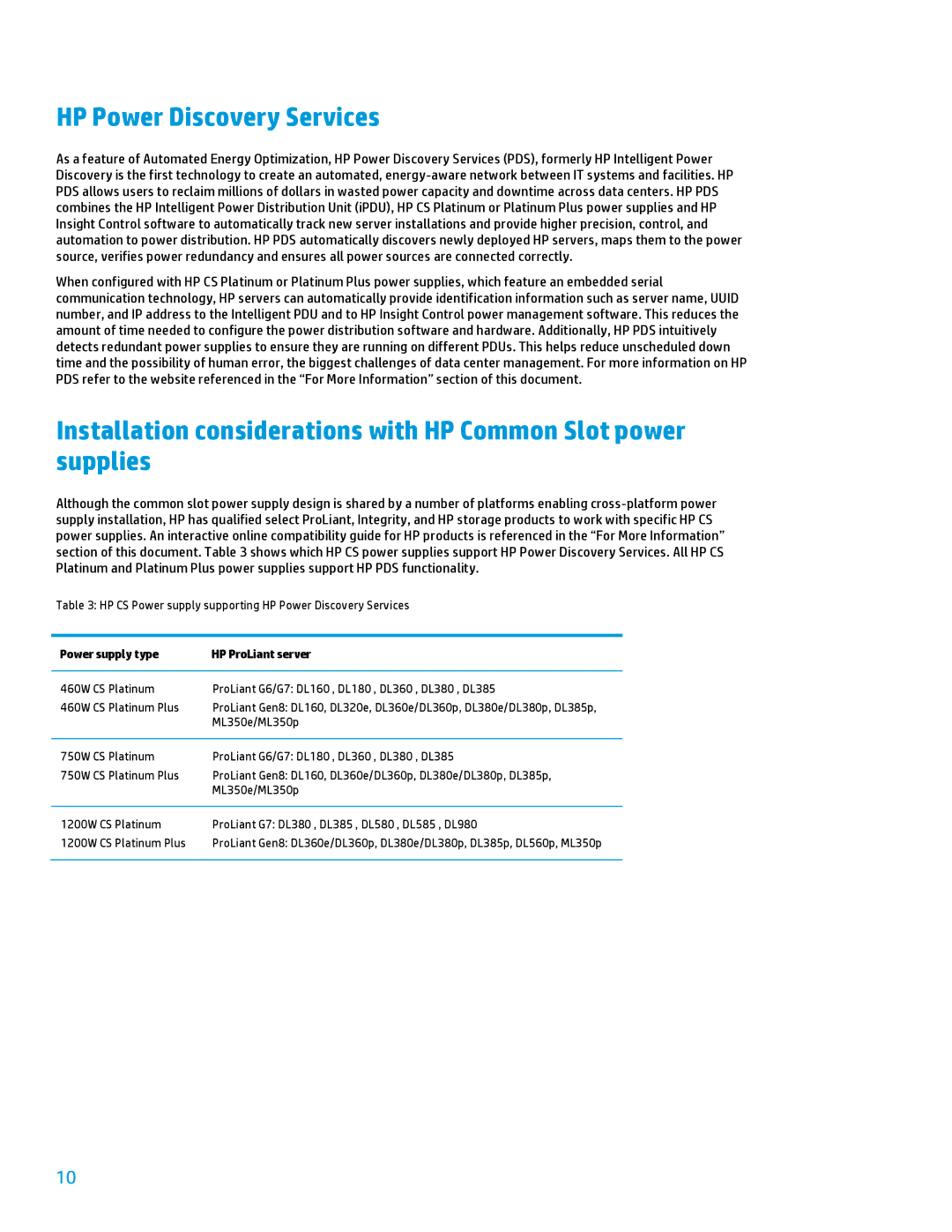 HP 3rd edition manual HP Power Discovery Services, Power supply type HP ProLiant server 