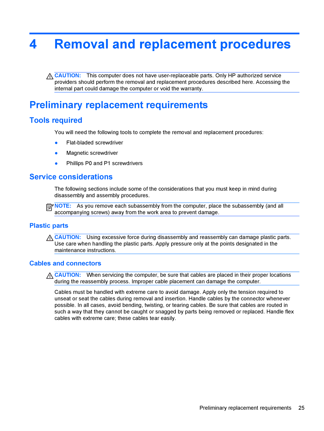 HP 4 B5T03UA, 4 B5T04UA manual Removal and replacement procedures, Preliminary replacement requirements, Tools required 