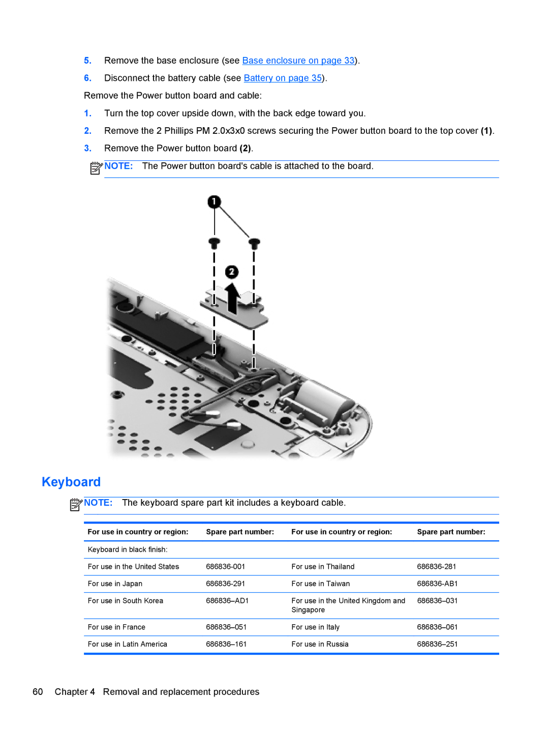 HP 4 B5T04UA, 4 B5T03UA manual Keyboard, For use in country or region Spare part number 