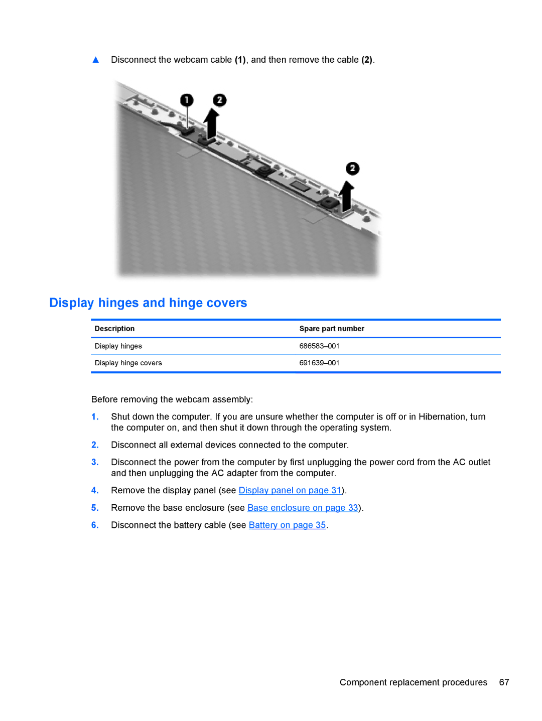 HP 4 B5T03UA, 4 B5T04UA manual Display hinges and hinge covers, Description Spare part number 