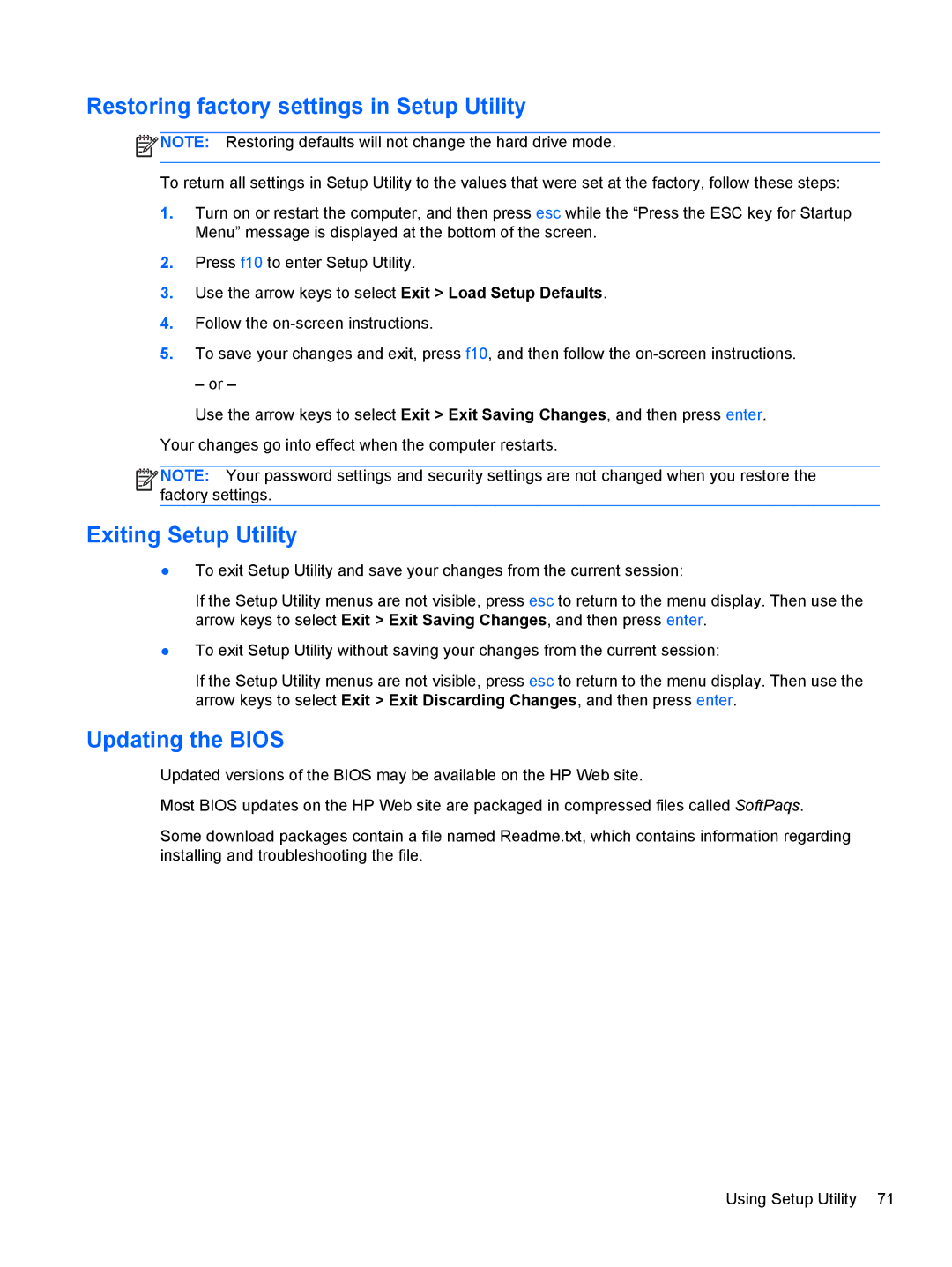 HP 4 B5T03UA, 4 B5T04UA manual Restoring factory settings in Setup Utility, Exiting Setup Utility, Updating the Bios 