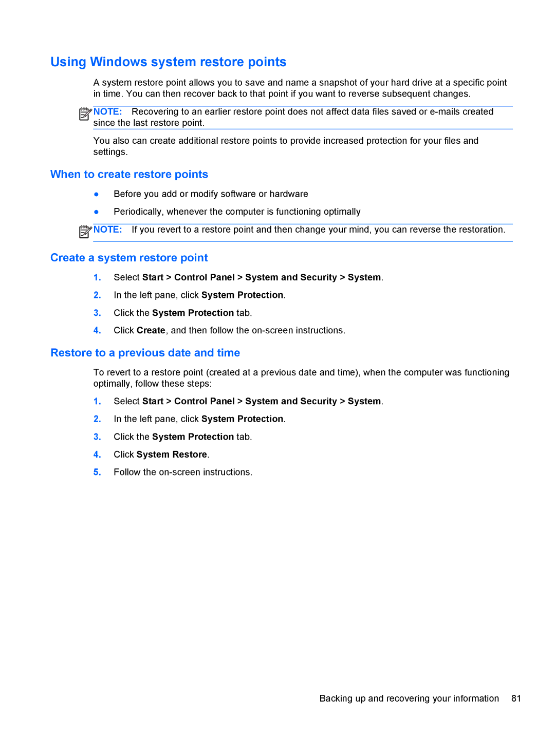 HP 4 B5T03UA, 4 B5T04UA manual Using Windows system restore points, When to create restore points 