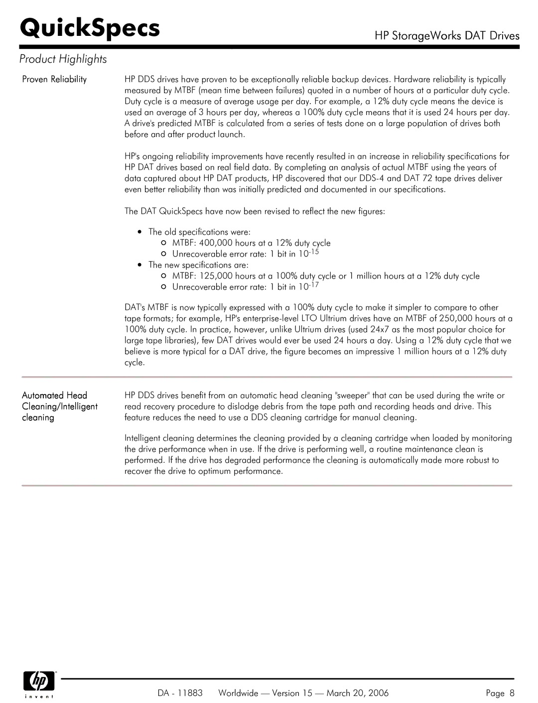 HP 40 SCSI manual Proven Reliability, Automated Head, Cleaning/Intelligent 