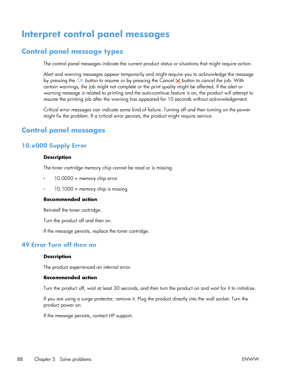 HP 400 M401N Laser CZ195A#BGJ manual Interpret control panel messages, Control panel message types, Control panel messages 