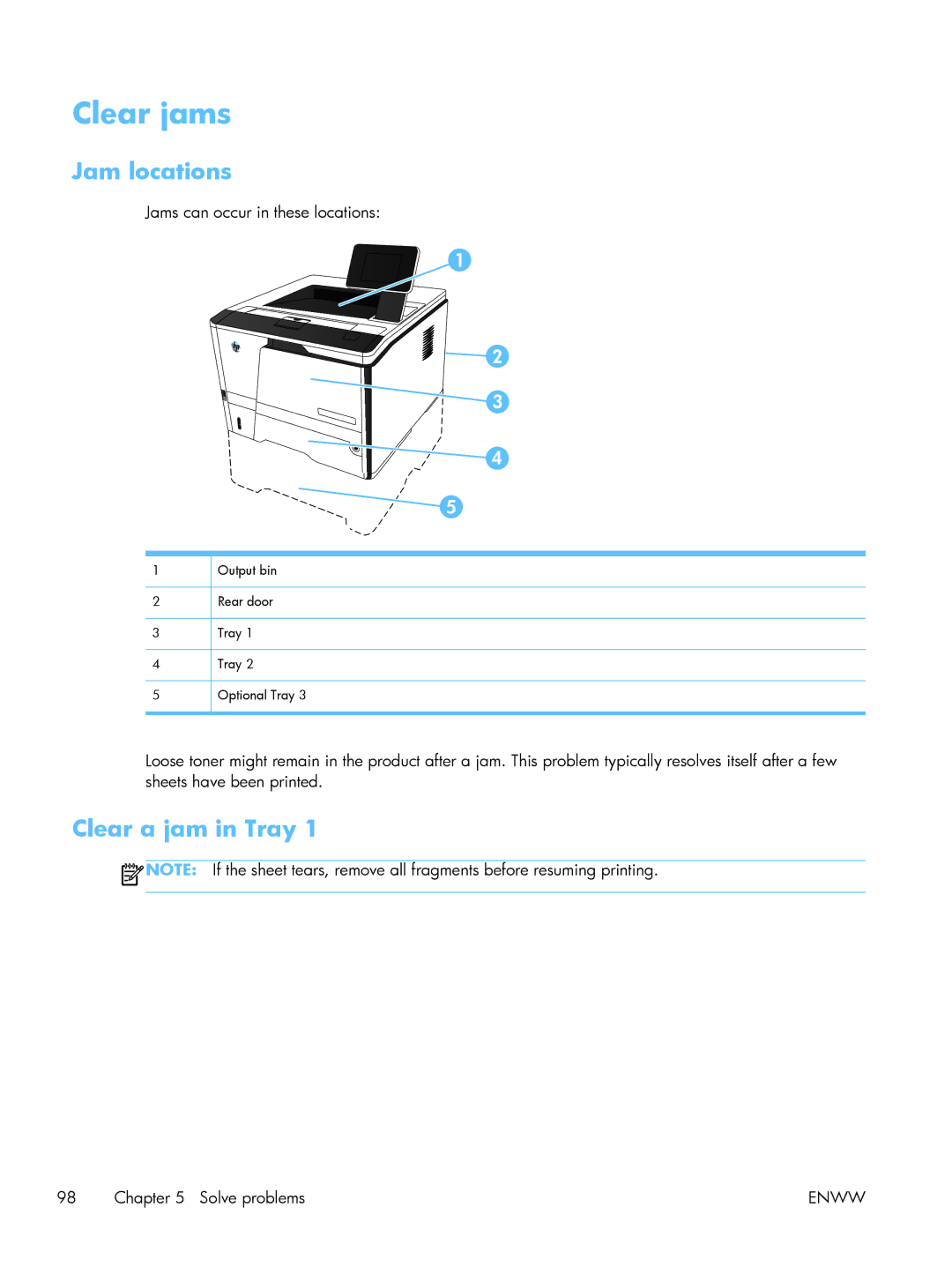 HP M475DW PRO 400 CE864A#BGJ, 400 CE956A, 400 M401N Laser CZ195A#BGJ manual Clear jams, Jam locations, Clear a jam in Tray 