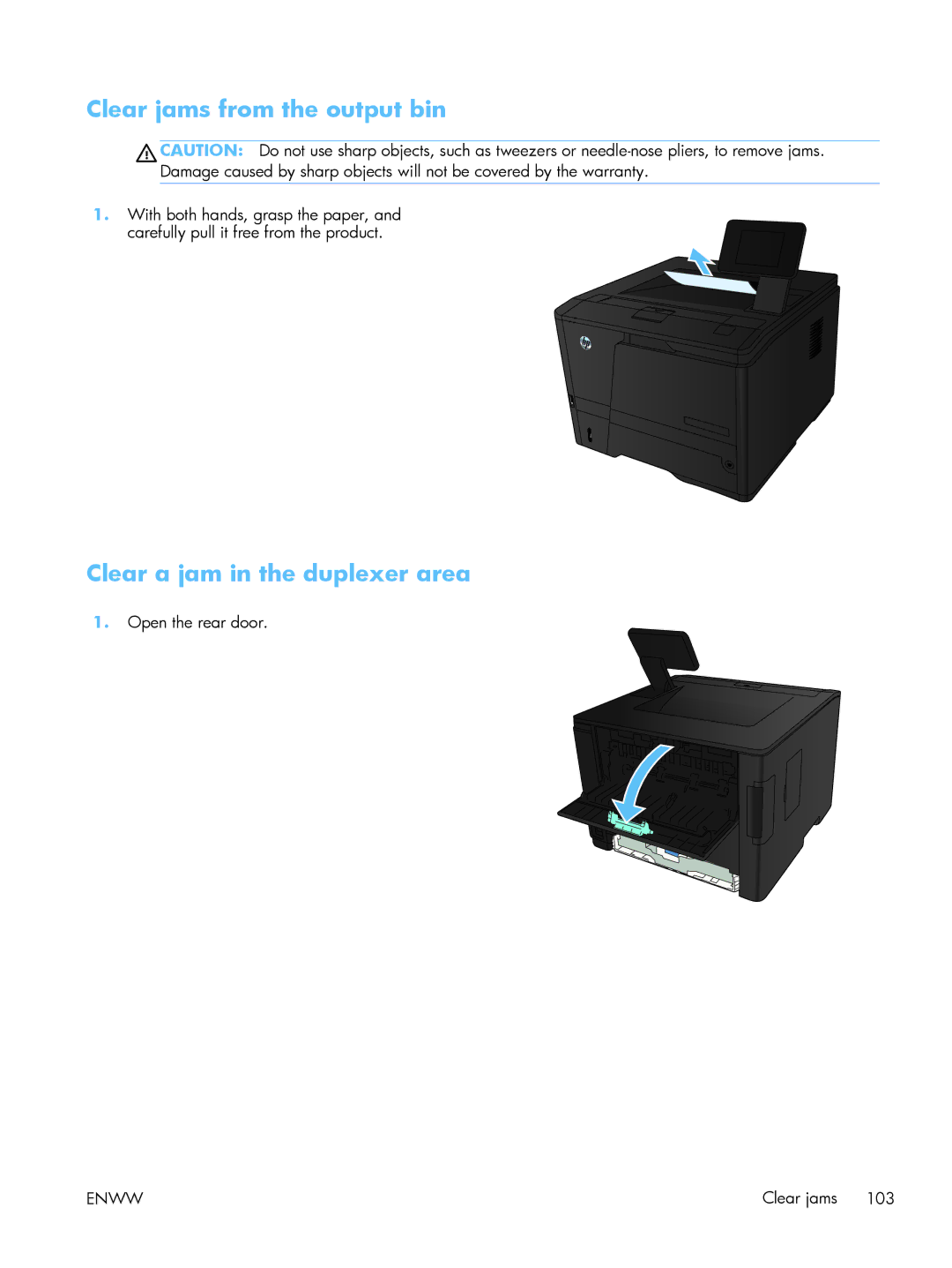 HP 400 M401N Laser CZ195A#BGJ, 400 CE956A manual Clear jams from the output bin, Clear a jam in the duplexer area 