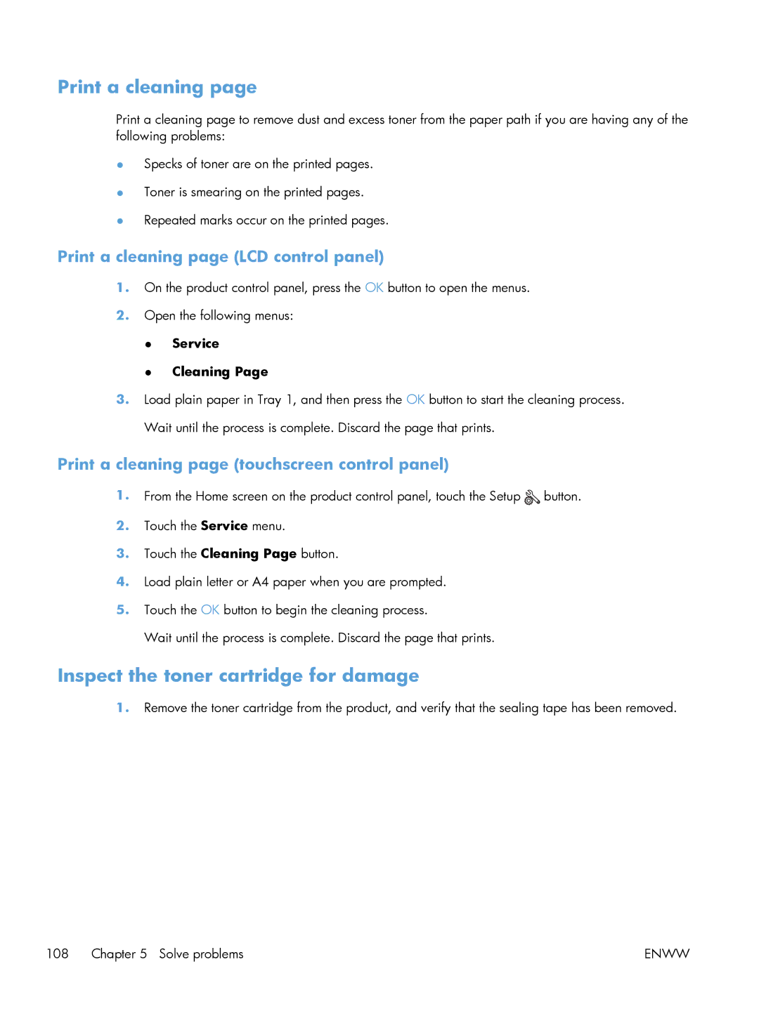 HP 400 CE956A manual Inspect the toner cartridge for damage, Print a cleaning page LCD control panel, Service Cleaning 