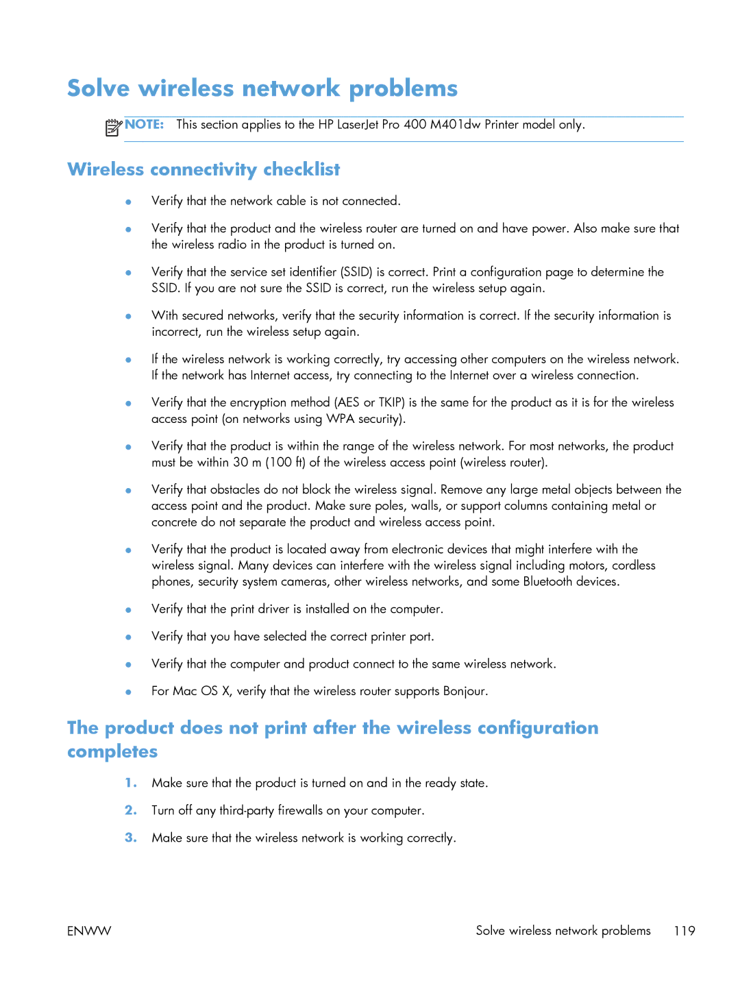 HP M475DW PRO 400 CE864A#BGJ, 400 CE956A manual Solve wireless network problems, Wireless connectivity checklist 