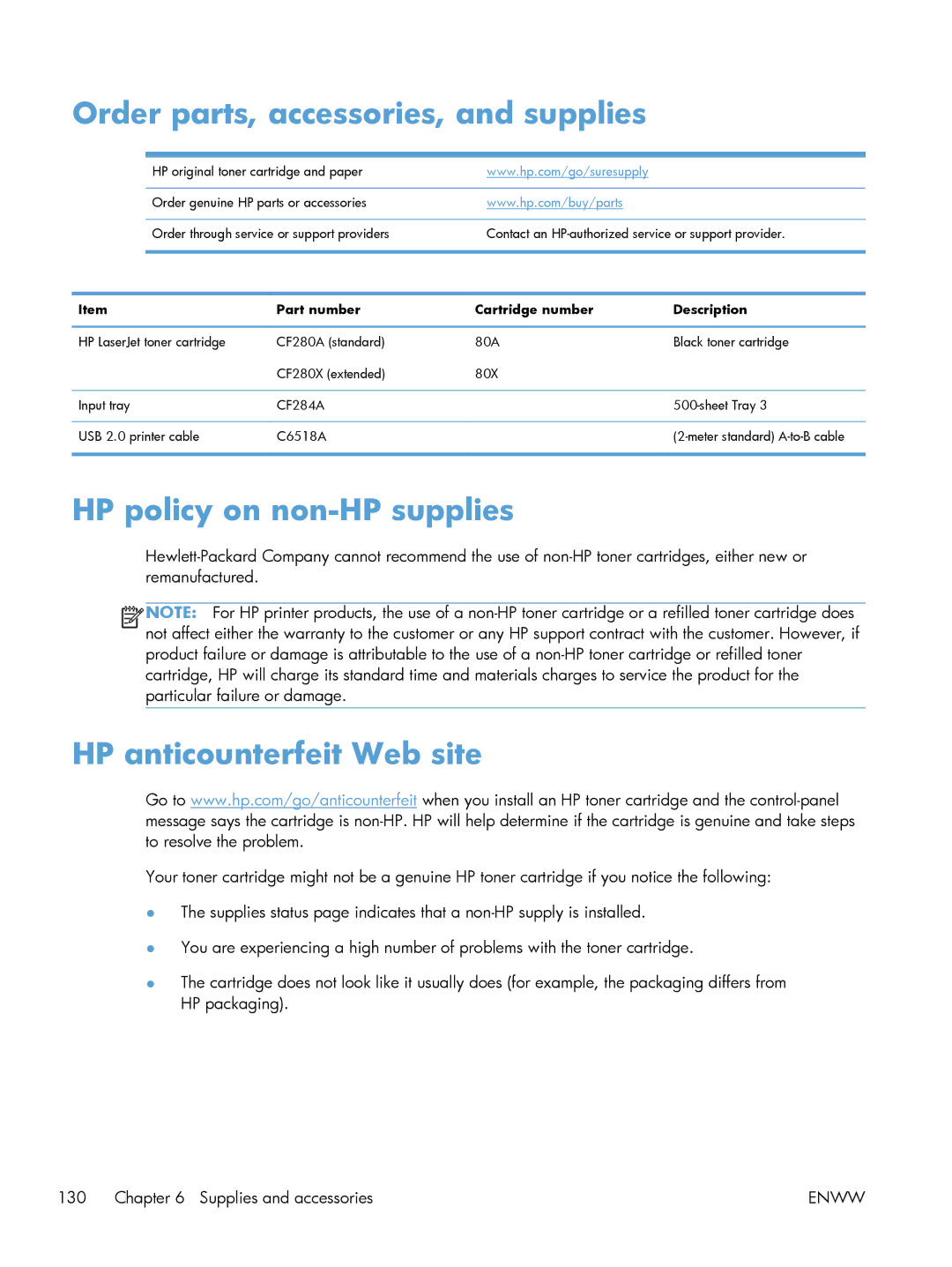 HP 400 M401N Laser CZ195A#BGJ, 400 CE956A manual Order parts, accessories, and supplies, HP policy on non-HP supplies 