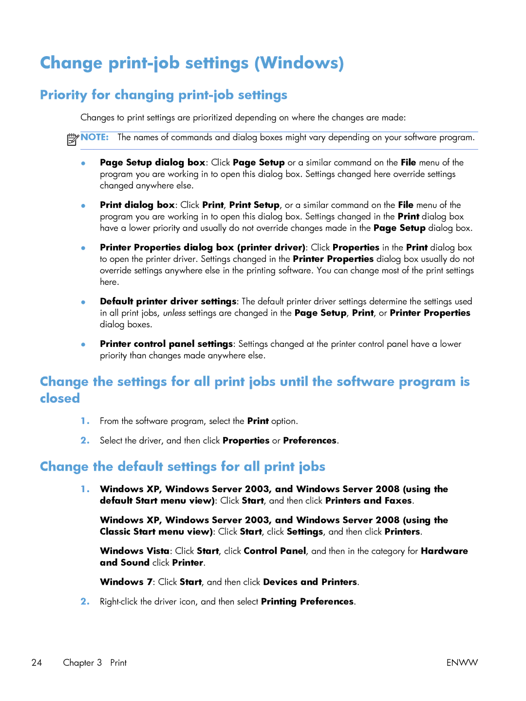 HP 400 CE956A, 400 M401N Laser CZ195A#BGJ manual Change print-job settings Windows, Priority for changing print-job settings 