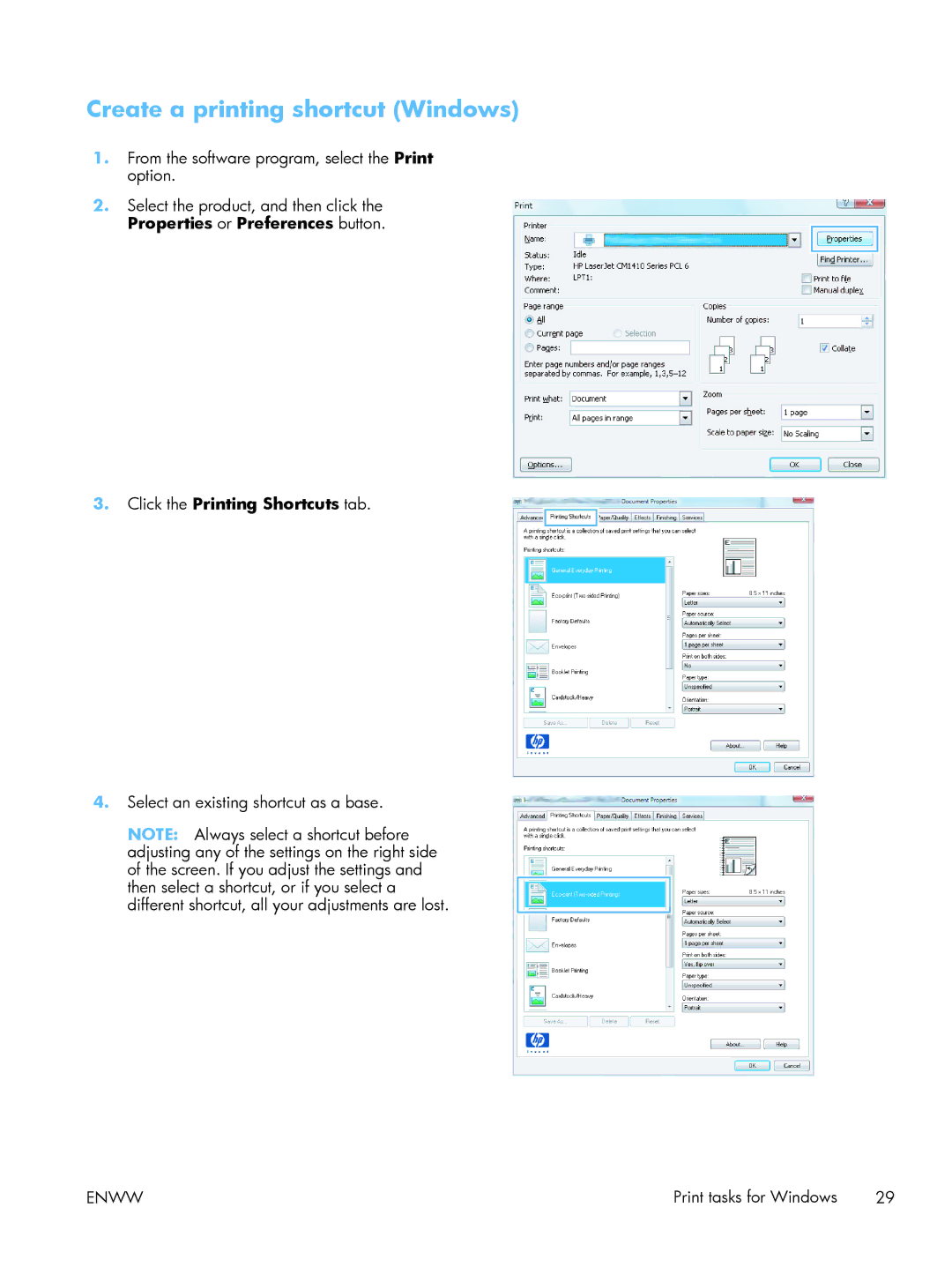 HP M475DW PRO 400 CE864A#BGJ, 400 CE956A, 400 M401N Laser CZ195A#BGJ manual Create a printing shortcut Windows 