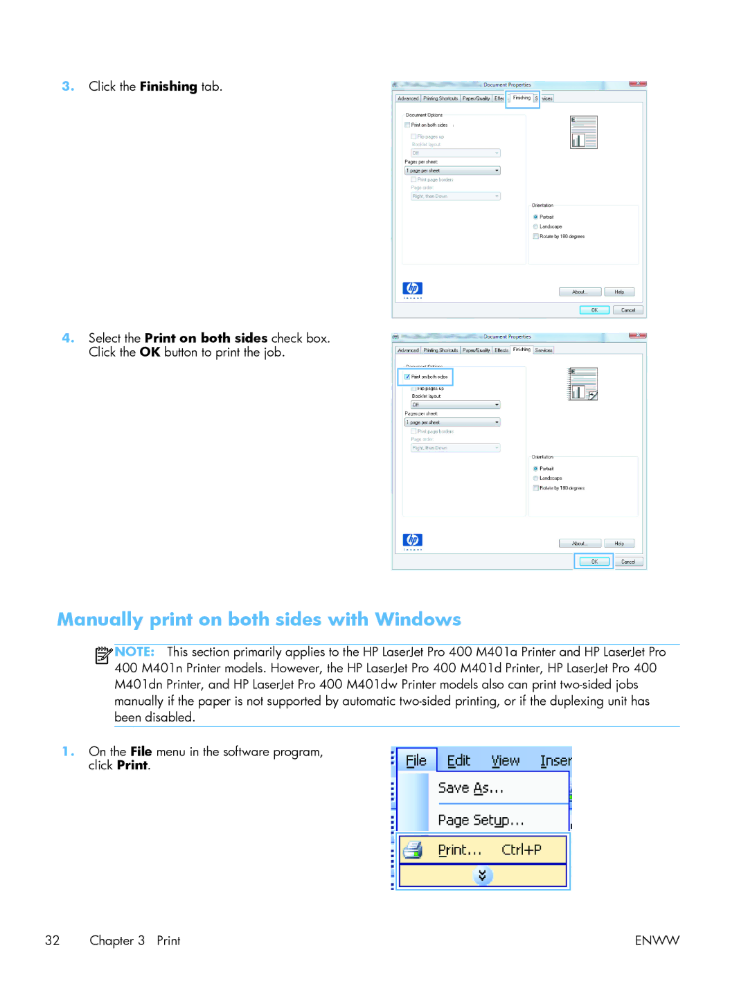 HP M475DW PRO 400 CE864A#BGJ, 400 CE956A, 400 M401N Laser CZ195A#BGJ manual Manually print on both sides with Windows 