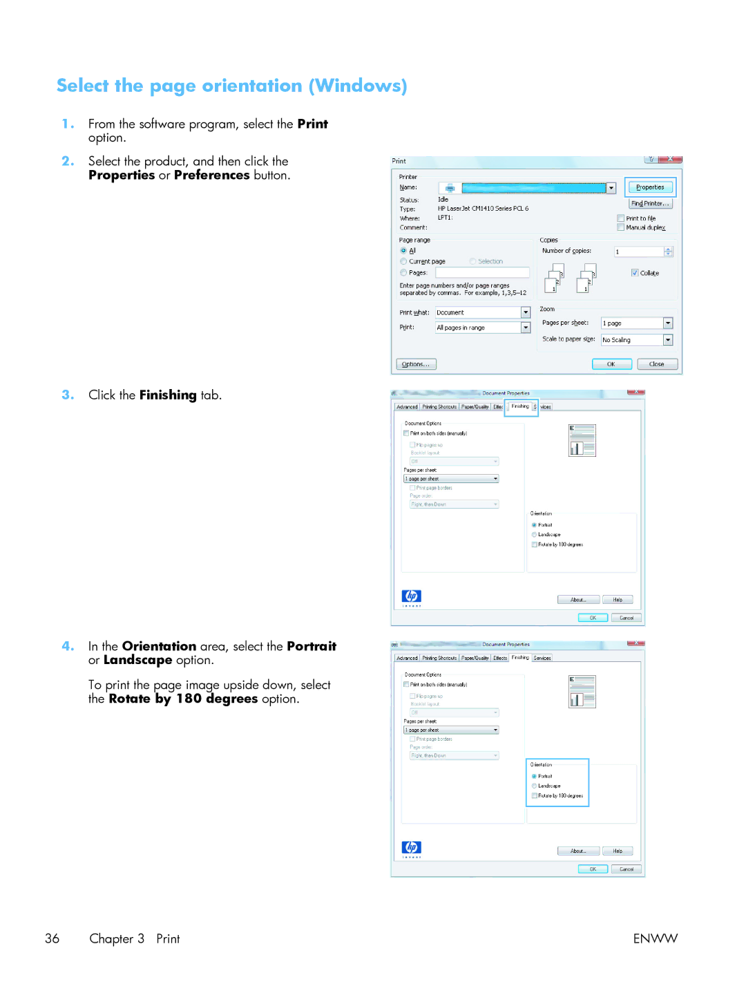 HP 400 CE956A, 400 M401N Laser CZ195A#BGJ, M475DW PRO 400 CE864A#BGJ manual Select the page orientation Windows 