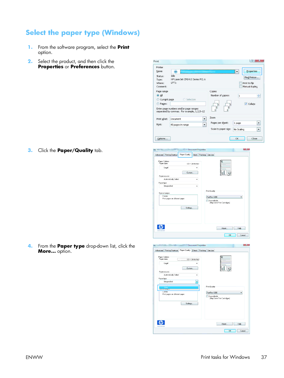 HP 400 M401N Laser CZ195A#BGJ, 400 CE956A, M475DW PRO 400 CE864A#BGJ manual Select the paper type Windows 