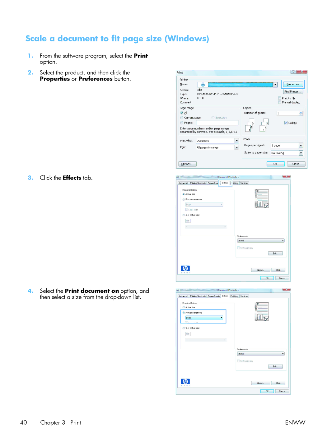 HP 400 M401N Laser CZ195A#BGJ, 400 CE956A, M475DW PRO 400 CE864A#BGJ manual Scale a document to fit page size Windows 