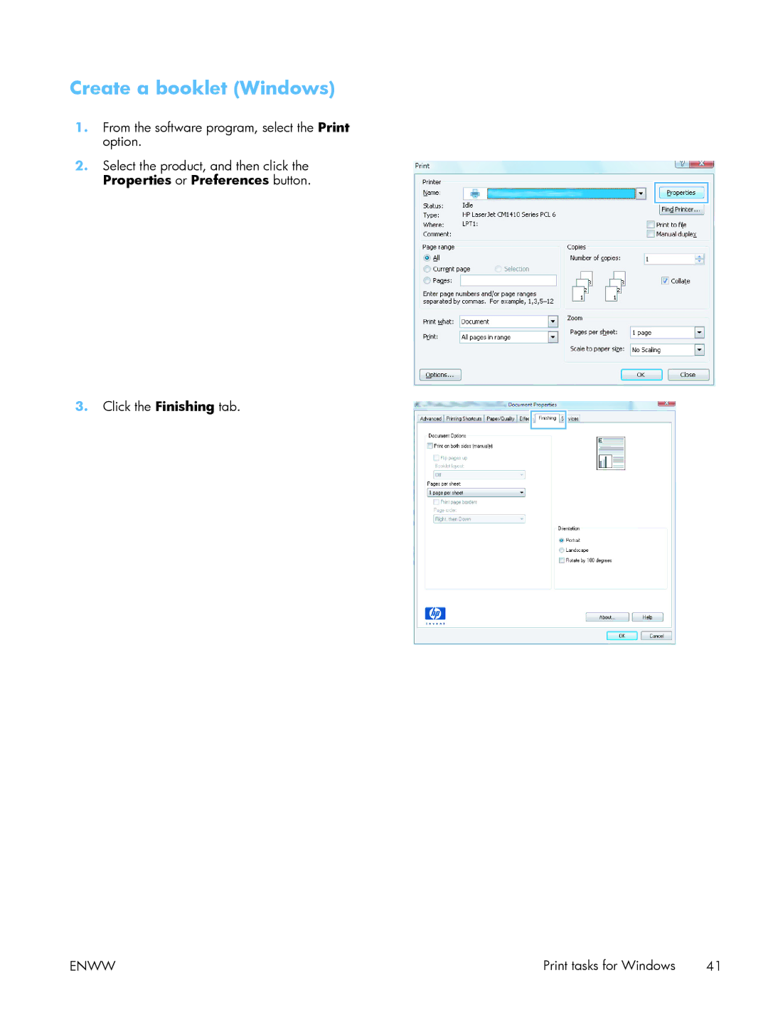 HP M475DW PRO 400 CE864A#BGJ, 400 CE956A, 400 M401N Laser CZ195A#BGJ manual Create a booklet Windows 