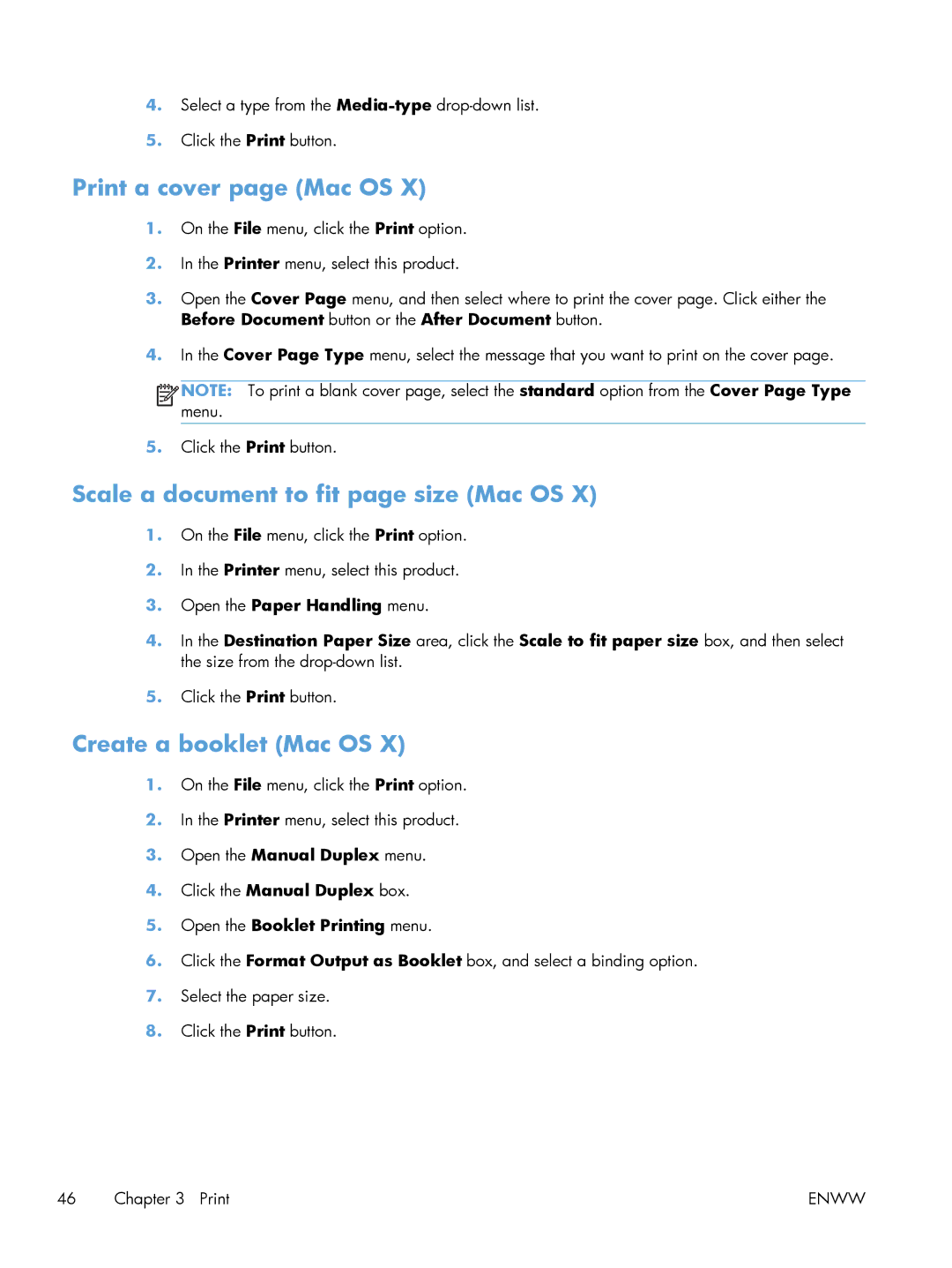 HP 400 M401N Laser CZ195A#BGJ Print a cover page Mac OS, Scale a document to fit page size Mac OS, Create a booklet Mac OS 