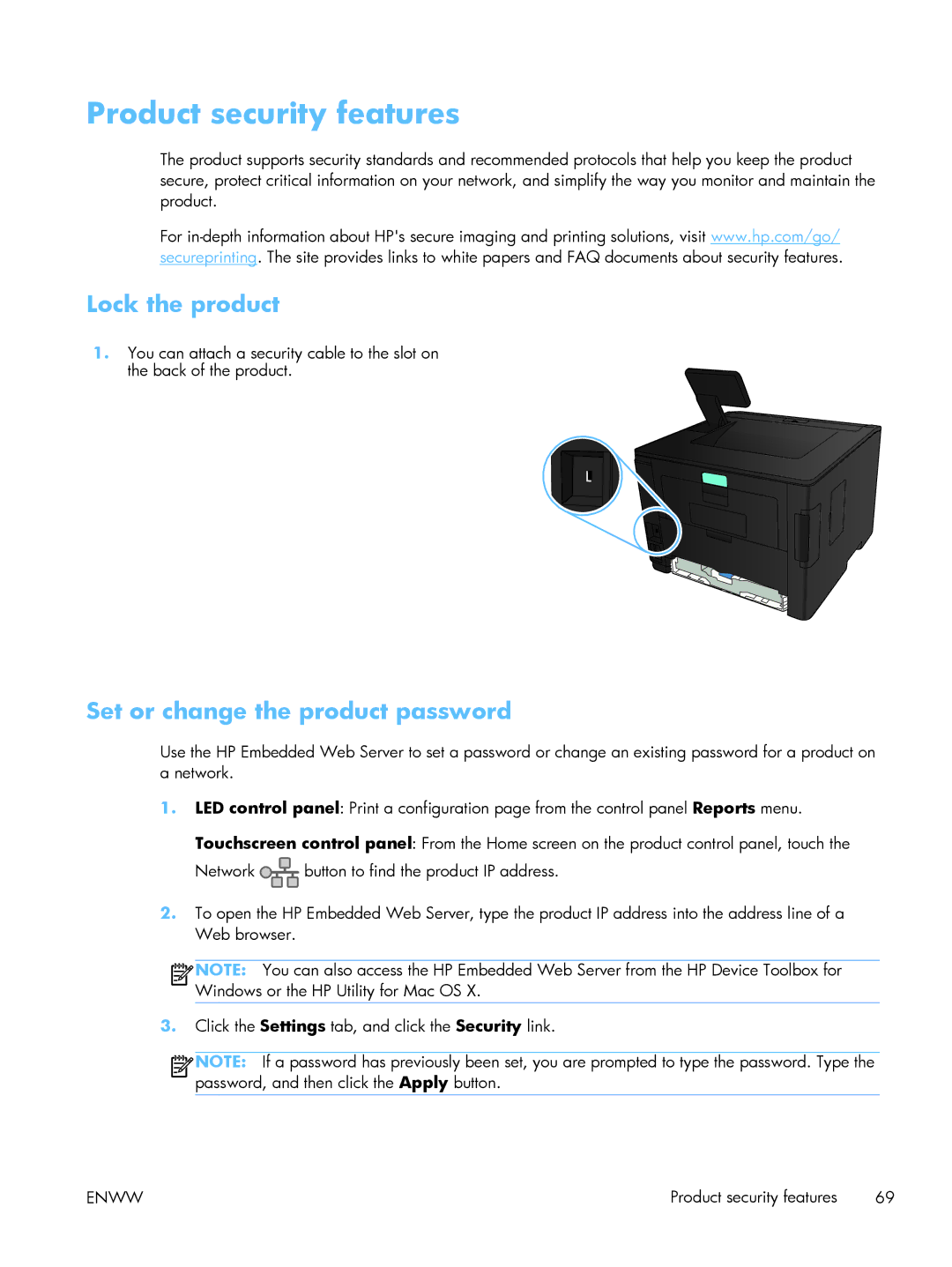 HP 400 CE956A, 400 M401N Laser CZ195A#BGJ Product security features, Lock the product, Set or change the product password 