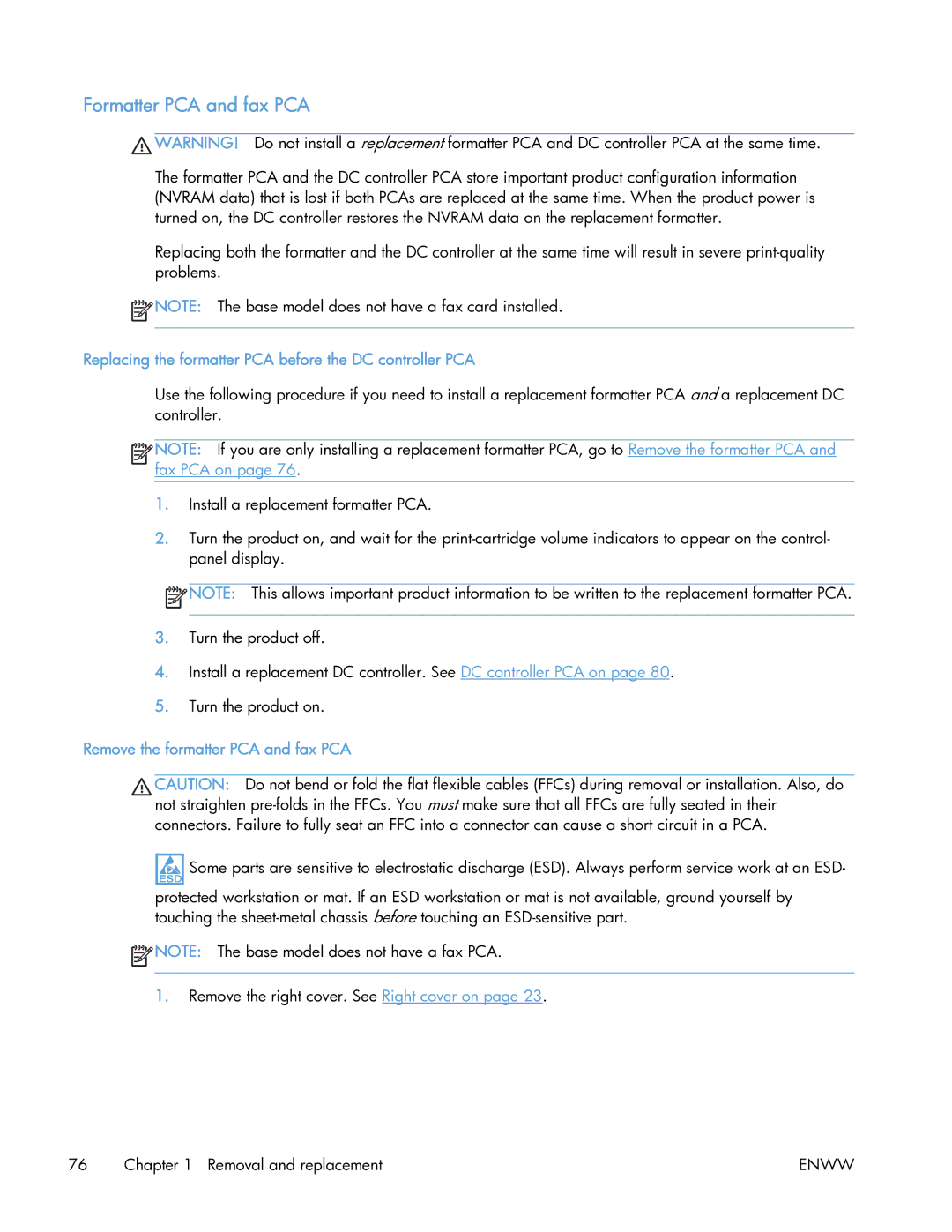 HP 400 manual Formatter PCA and fax PCA, Replacing the formatter PCA before the DC controller PCA 
