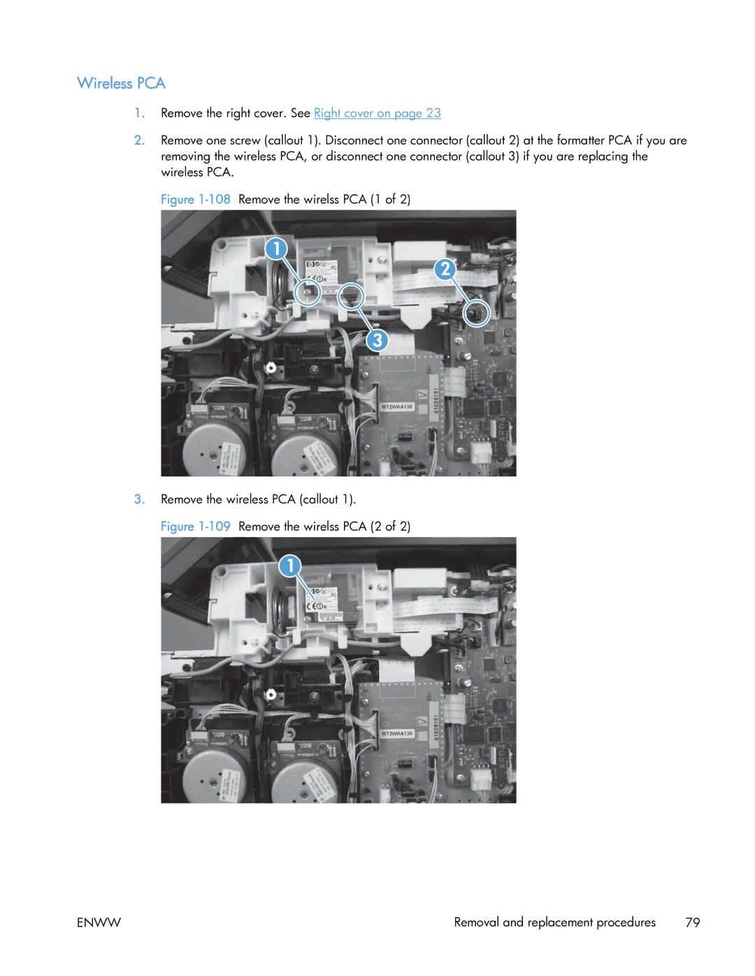 HP 400 manual Wireless PCA, 108Remove the wirelss PCA 1 Remove the wireless PCA callout 