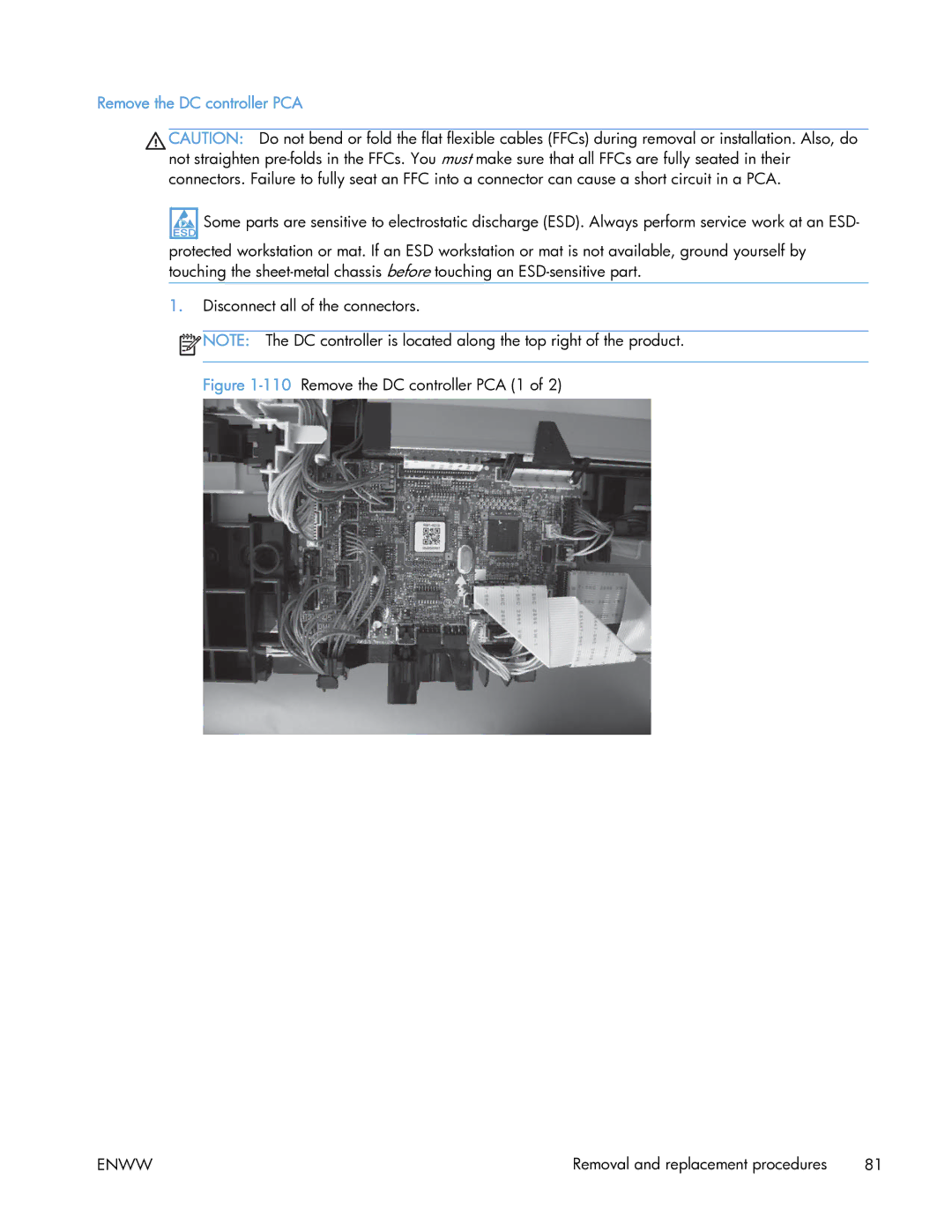 HP 400 manual 110Remove the DC controller PCA 1 