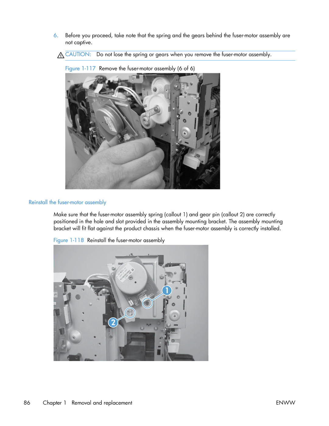 HP 400 manual 117Remove the fuser-motor assembly 6, Reinstall the fuser-motor assembly 