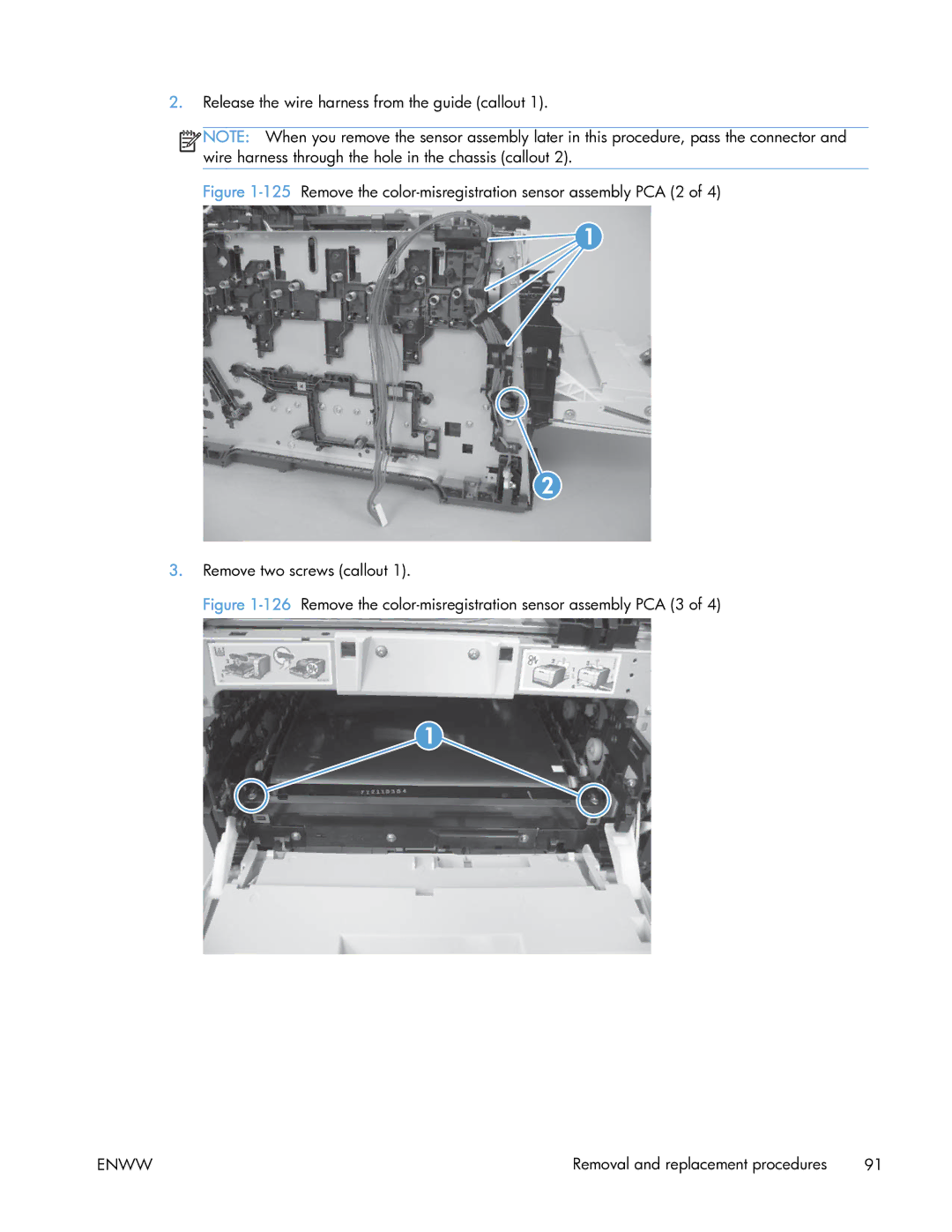 HP 400 manual 126Remove the color-misregistration sensor assembly PCA 3 