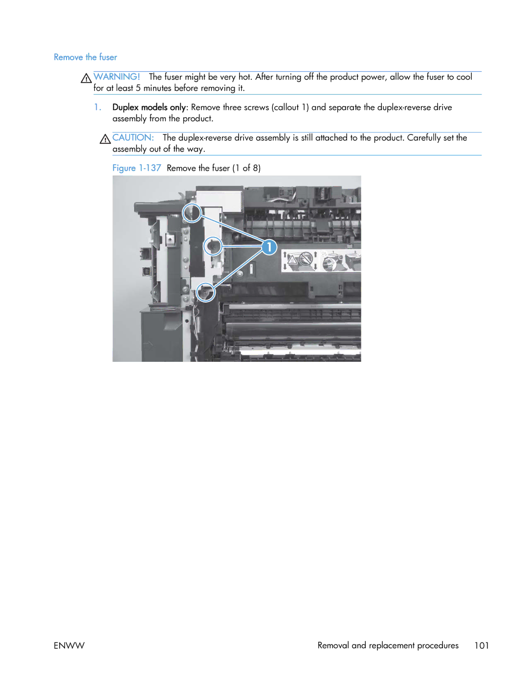 HP 400 manual 137Remove the fuser 1 