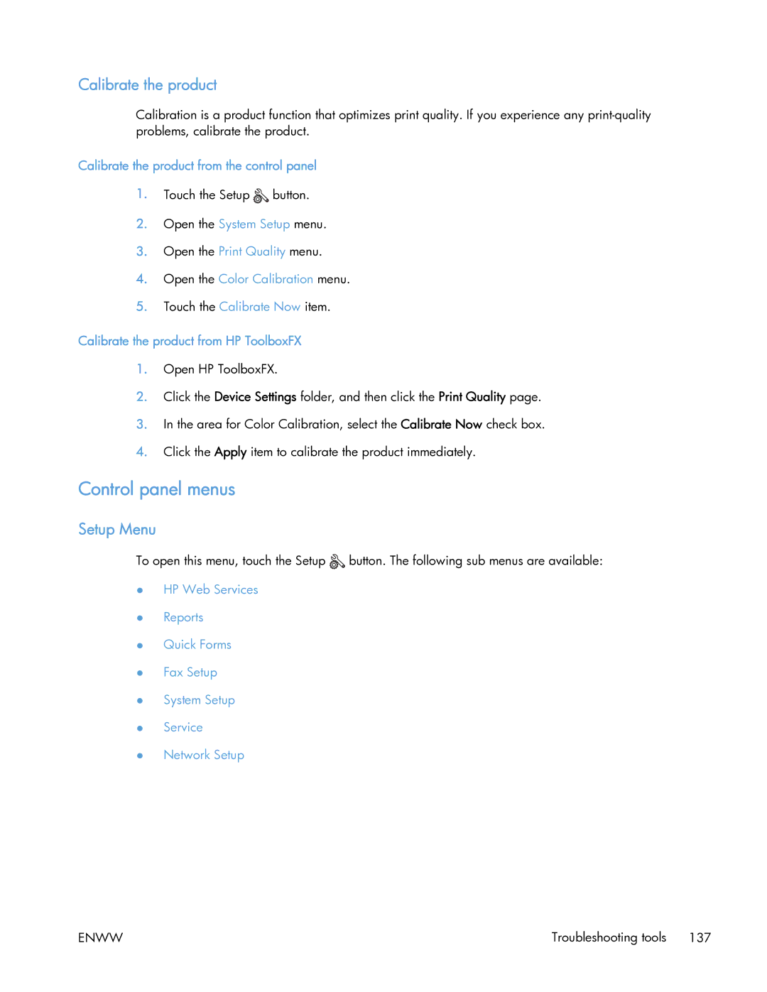 HP 400 manual Control panel menus, Setup Menu, Calibrate the product from the control panel 