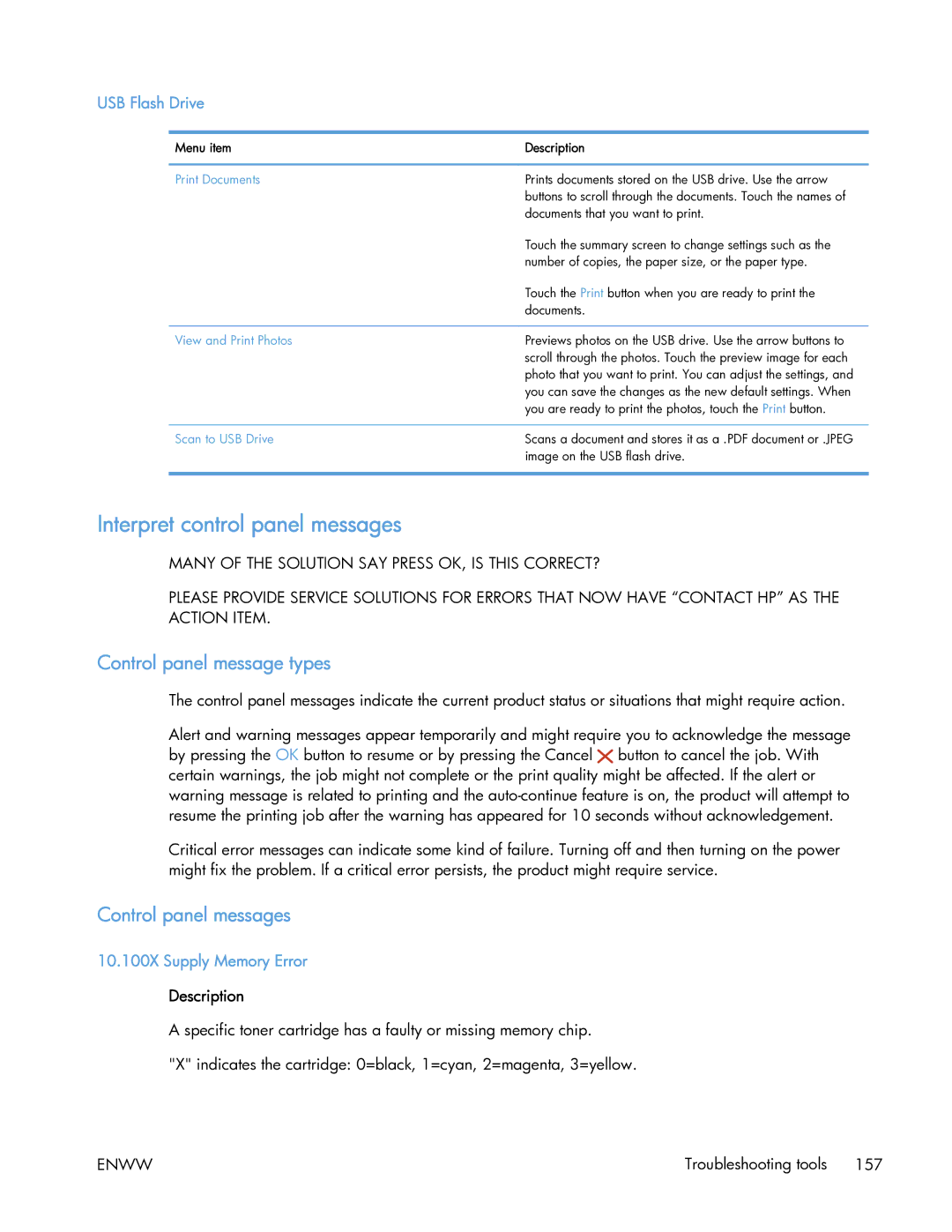 HP 400 manual Interpret control panel messages, Control panel message types, Control panel messages, USB Flash Drive 