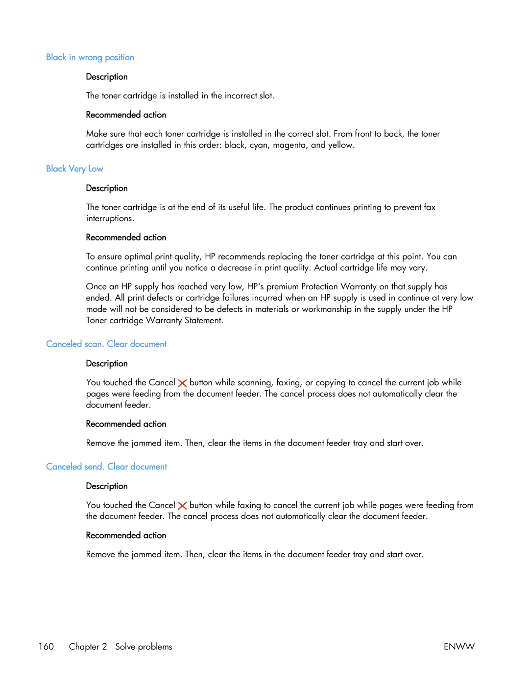 HP 400 manual Black in wrong position, Black Very Low, Canceled scan. Clear document, Canceled send. Clear document 