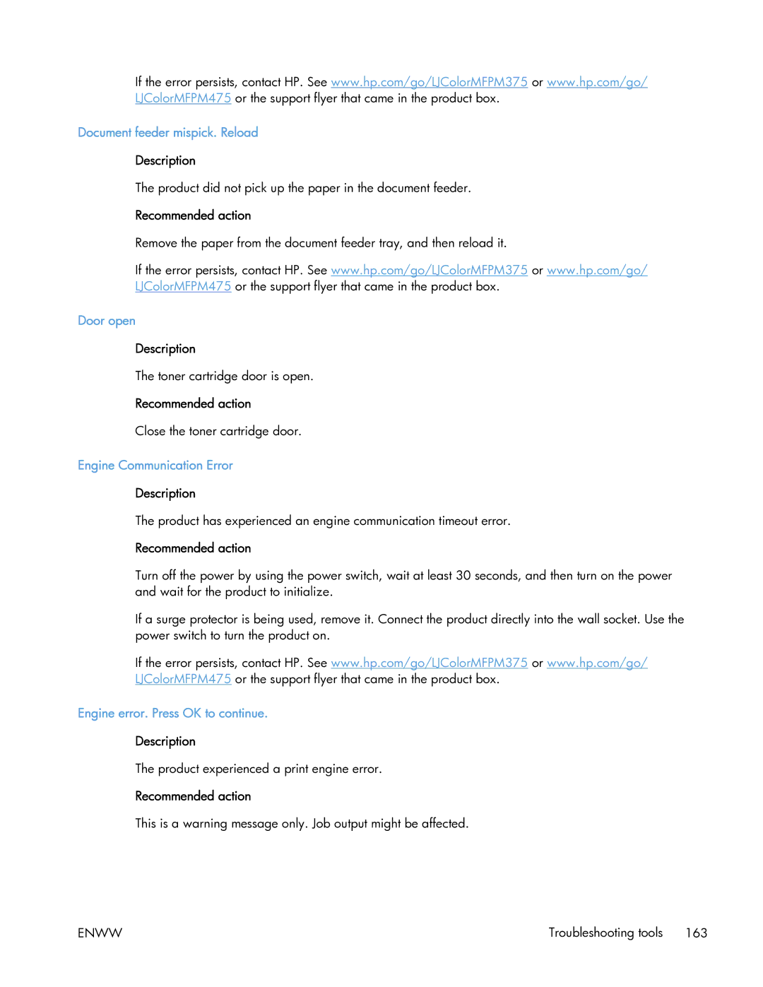 HP 400 manual Document feeder mispick. Reload, Door open, Engine Communication Error, Engine error. Press OK to continue 